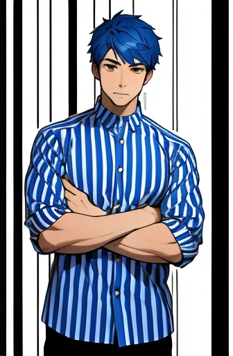 Man in a shirt、Blue clothes、Background stripes、