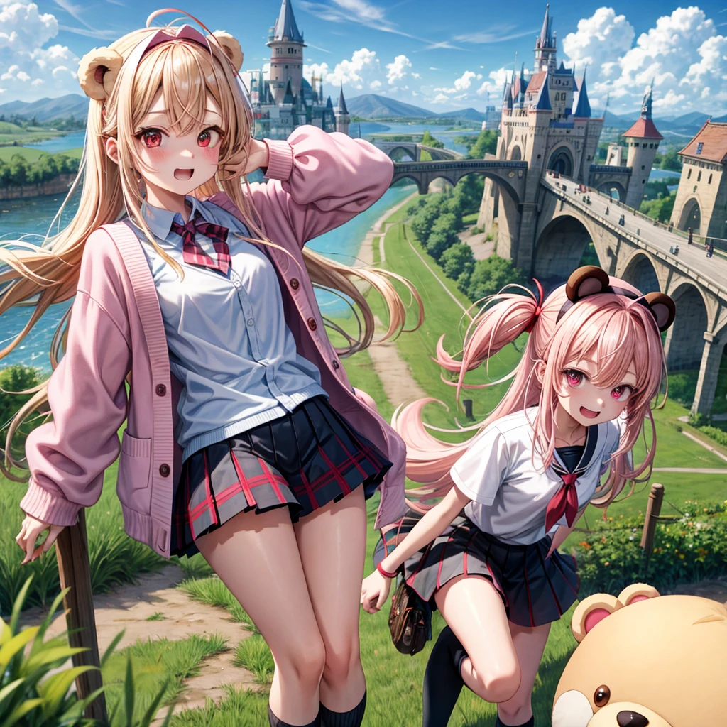 Pink Blonde、Red eyes、Hair tied up、Two cute、Checked mini skirt、black t-shirts、cardigan、Knee-high socks、bear ears baseball cap、Teeth are visible、Monster Castle、Tilting face、crossing the bridge、hazakura、windmill、grass、Stones are growing out of the ground.、impregnable、A teddy bear is walking