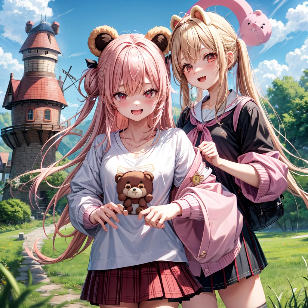 Pink Blonde、Red eyes、Hair tied up、Two cute、Checked mini skirt、black t-shirts、cardigan、Knee-high socks、bear ears baseball cap、Teeth are visible、Monster Castle、Tilting face、crossing the bridge、hazakura、windmill、grass、Stones are growing out of the ground.、impregnable、A teddy bear is walking