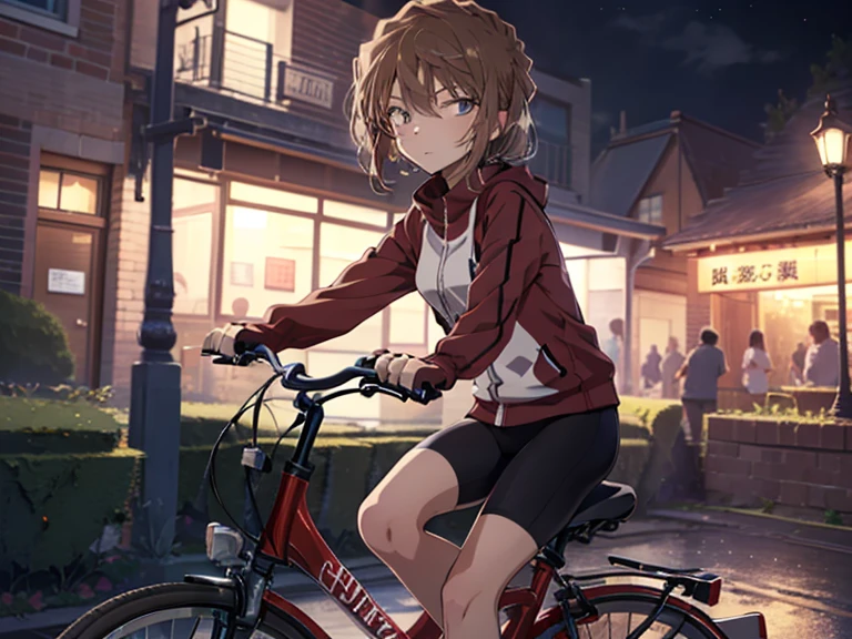 (Riding a Bicycle:1.3), Background is a park at night, cute, Beauty, short hair, Haibara Ai, Brown Hair, highest quality, 1girl, ccurate, (masterpiece), uhd, retina, anatomically correct, textured skin, super detail, high details, high quality, best quality, highres, 16K