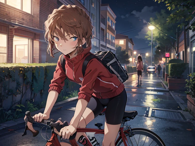 (Riding a Bicycle:1.3), Background is a park at night, cute, Beauty, short hair, Haibara Ai, Brown Hair, highest quality, 1girl, ccurate, (masterpiece), uhd, retina, anatomically correct, textured skin, super detail, high details, high quality, best quality, highres, 16K