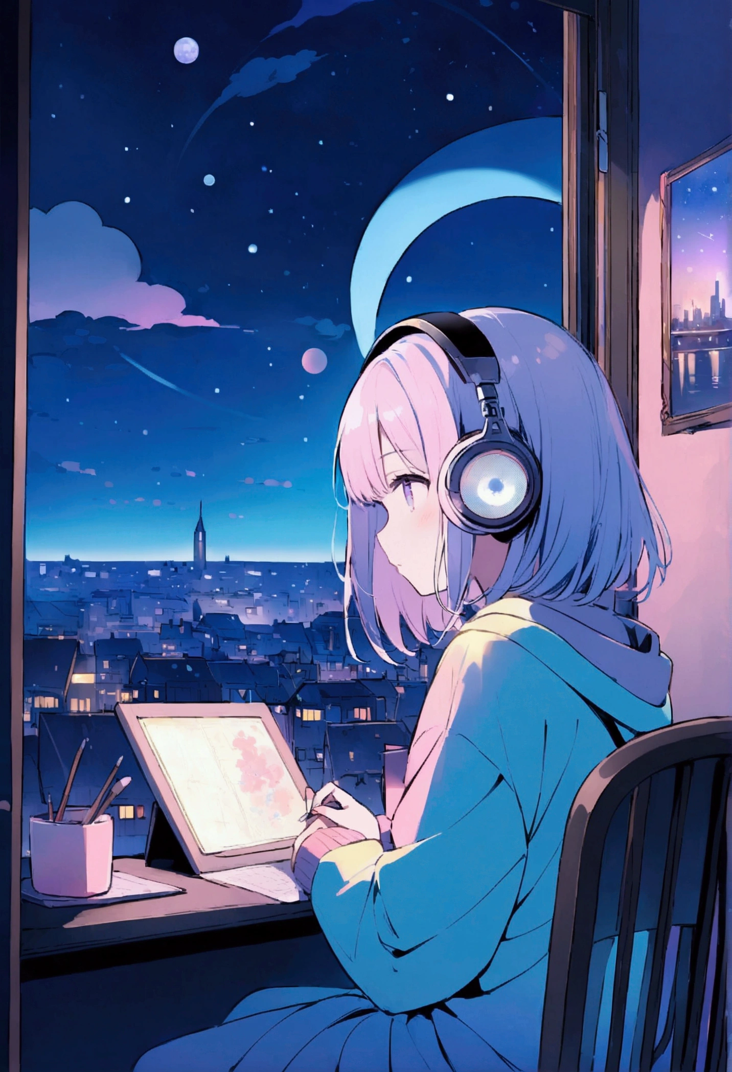、Studying while wearing headphones and sitting on a chair、city view outside the window、night、pastel colour、Painting, Many stars and moons, 