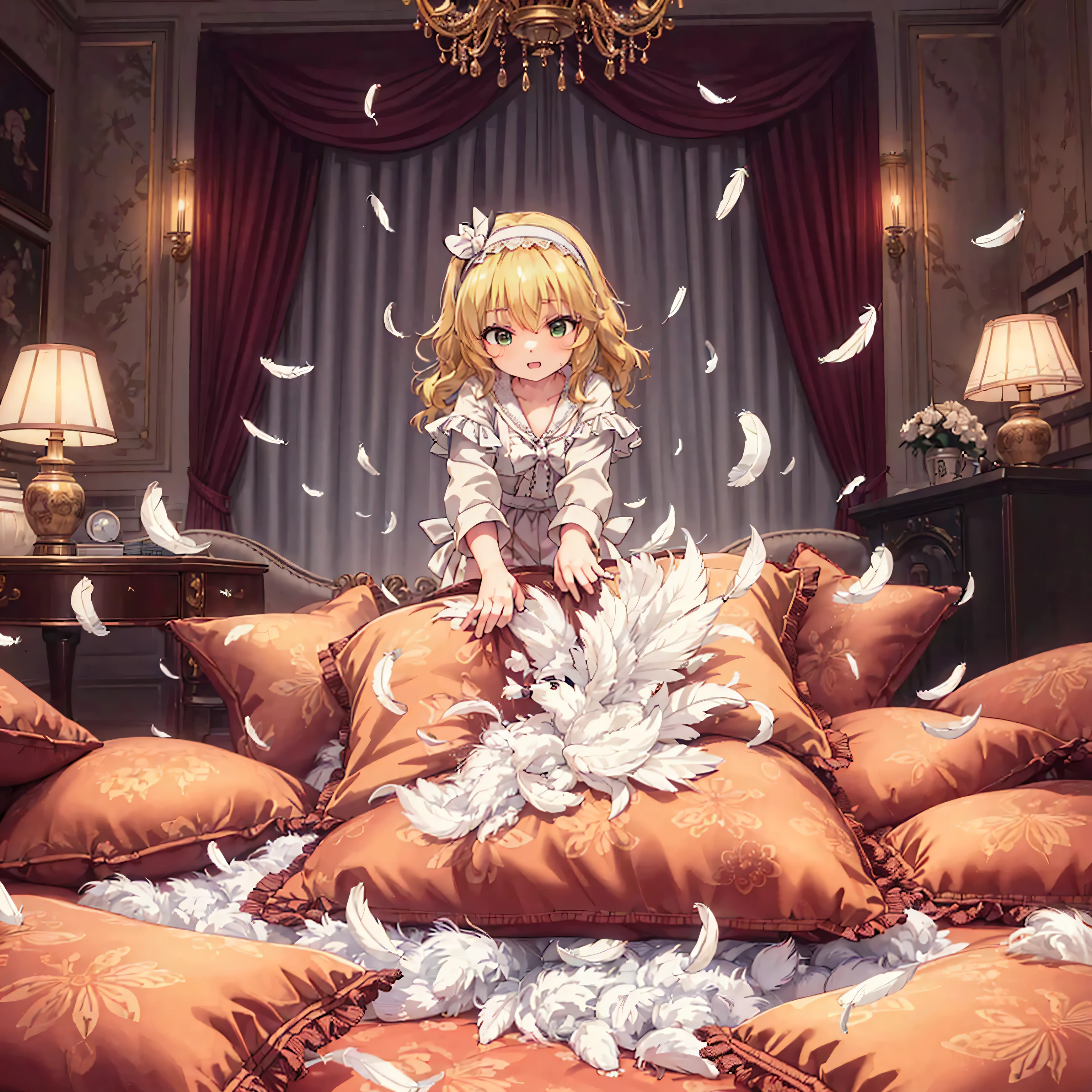 (best quality， masterpiece) , details, (Light and shadow oxtail) , Cute girl posing on pillow ，Pillow, Upholstered，Soft pillow，（Pillow），The love surrounding the protagonist，steam，(Luxury Pillow），（Gorgeous pattern pillow），luxurious pillow, standing,（Love around the protagonist），（pillow）, frilled pillow   , 1 pillow, standing on a top of pillow, on pillow, big pillow, fluffy pillow, pillow damage, stomping pillow, stomping, pillow on floor, stepping on pillow, posing on top pillow, full body, pillow on floor, (((feathers))), pillow destroy, ripping pillow, tearing pillow in half, feathers everywhere, cotton, stuffing pillow, sakurai_momoka_theidolmastercinderellagirlsu149, blonde_hair, hairband, short_hair, green_eyes, bangs, upper_body, smile, bow, open_mouth, wavy_hair