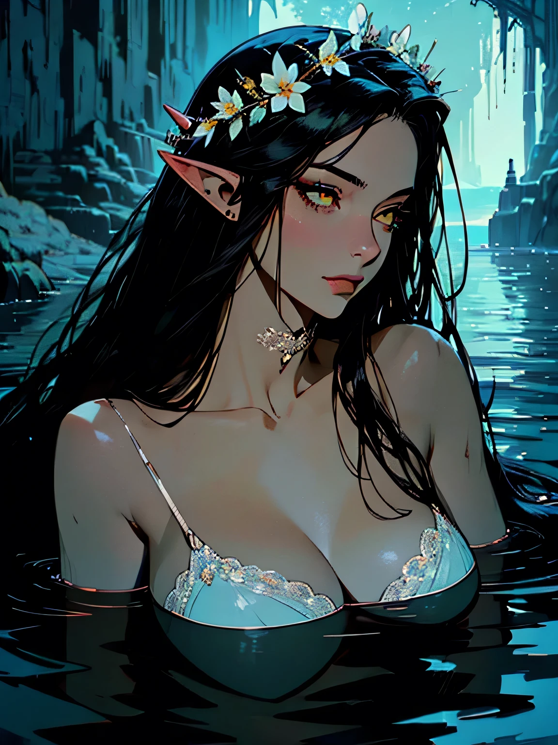 { - anatomy error}, (Masterpiece - Ultra-detailed, very high resolution), hyper-realistic of a mysterious woman with flowing black hair, ears of elf, piercing yellow eyes, and a delicate floral crown, delicate smile, whole body, sitting on the water, backwards, looking back, perfect eyes, perfect fingers