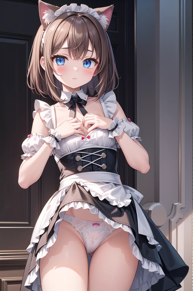 Solo Girl, 20-year-old,Medium Hair, Light brown hair, Mid-chest, highest quality, High resolution, Very detailed, Detailed Background, Perfect lighting、Extreme maid outfit、very cute, Blue eyes, a pair of cat ears, Blush, white silk socks, Lift up the skirt with your hands, Pink underwear, lace, 