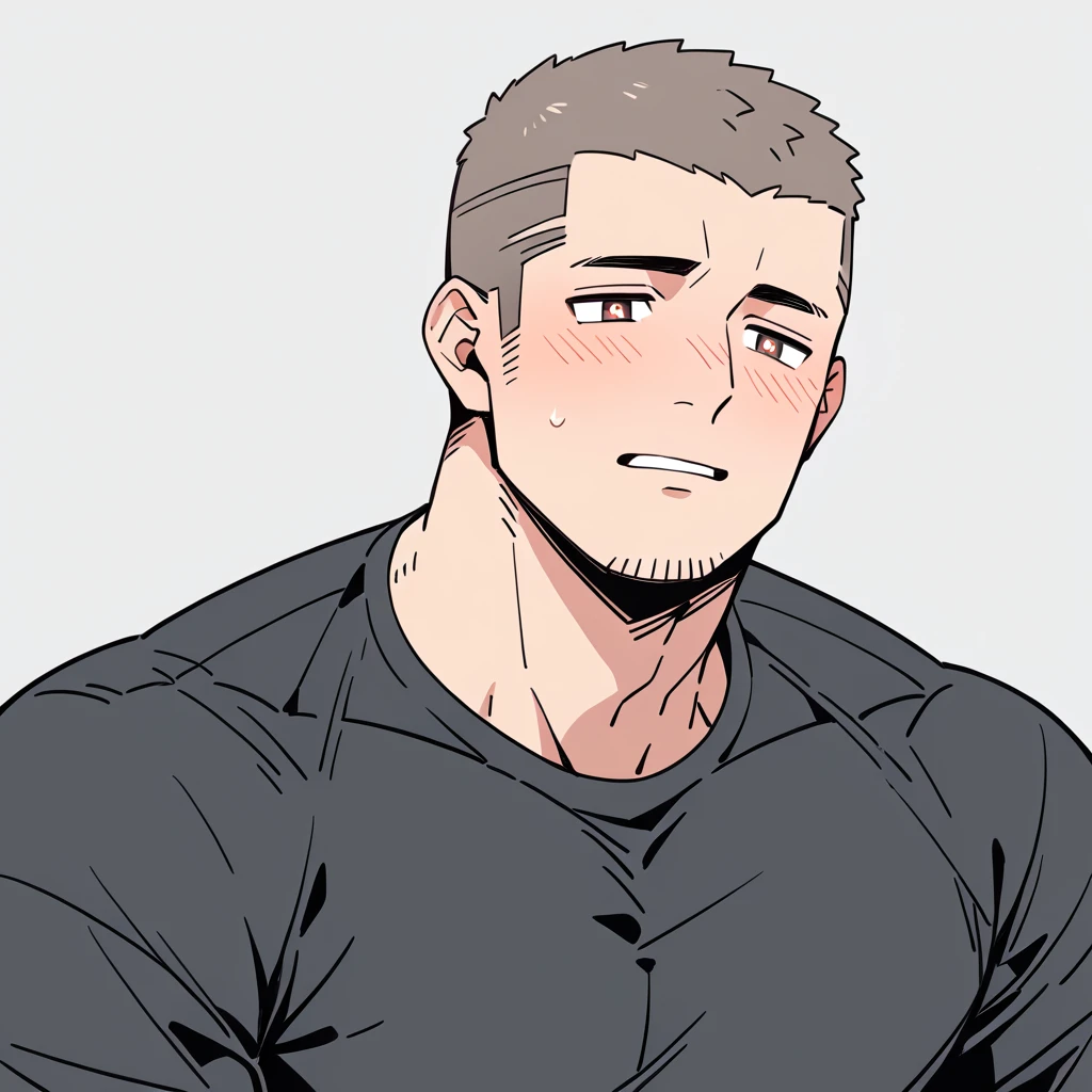 negative space, anime characters：Priapus, Muscle Sports Student, Buzz Cut, Manliness, male focus, Dark black turtleneck skinny T-shirt, Very tight, full and perky chest muscles, muscular male, muscular, only, Upper body, alone, Red short hair, Thick eyebrows, stubble, Brown-red pupils, White background, simple background, amazing quality, best aesthetics, Ridiculous, crew cut, parted lips, flustered, endured face, shy, blush, negative space, best quality