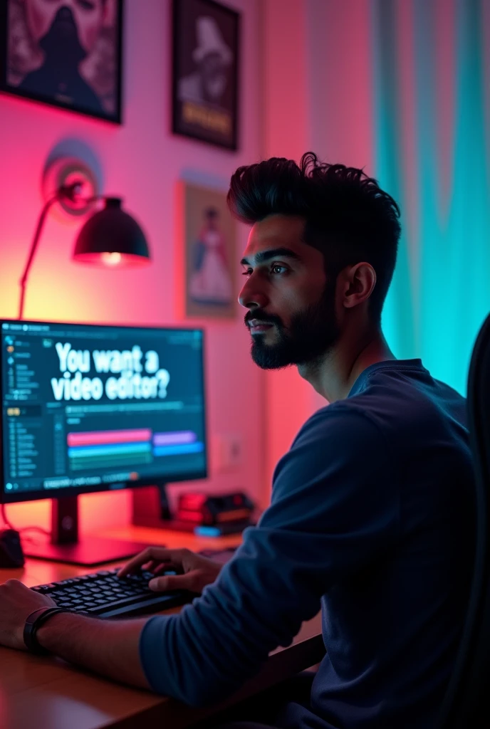A chocolate color boy him video editor him age 19 him hair style and beard like hiruthikroshan
Him Monitor showing (you want a video editor? Don't worry I'm available 0761387227
