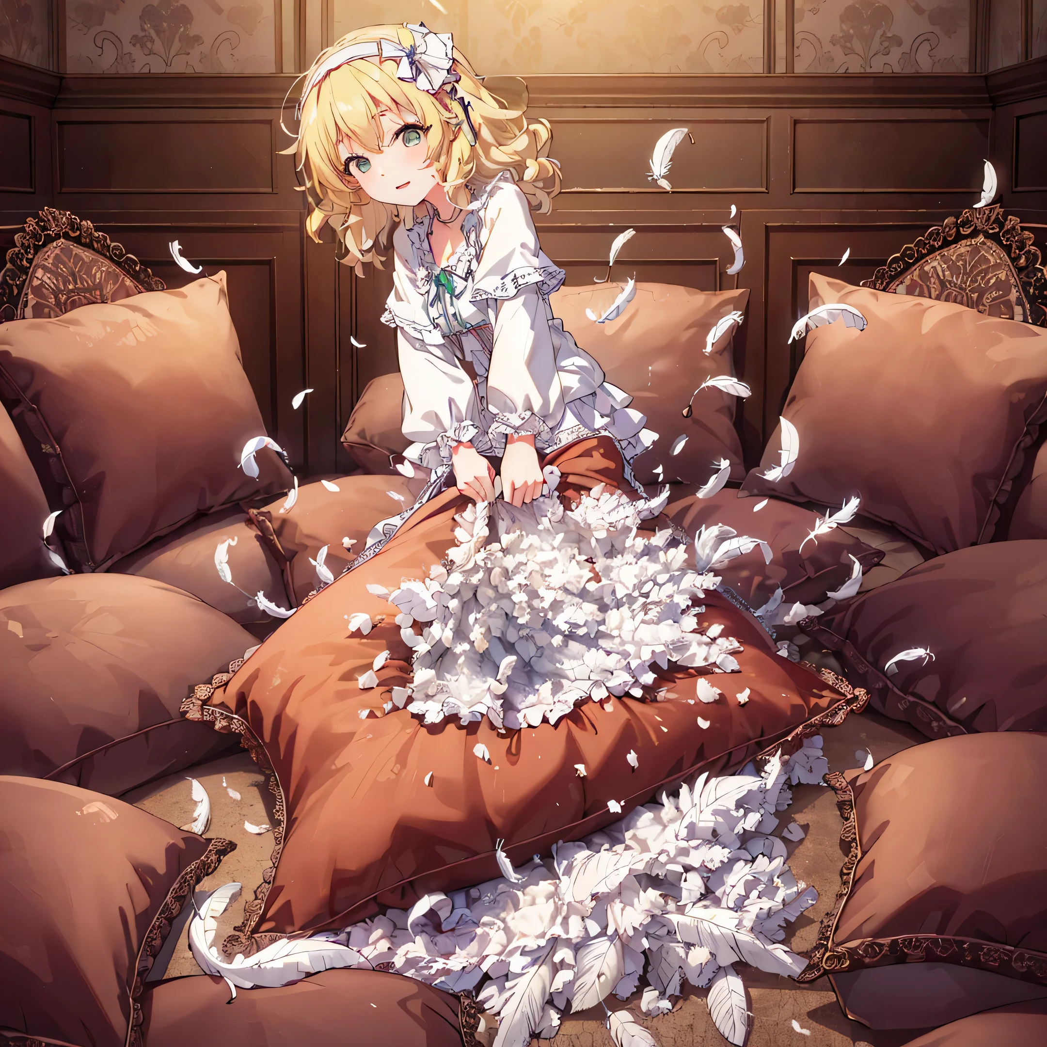 (best quality， masterpiece) , details, (Light and shadow oxtail) , Cute girl posing on pillow ，Pillow, Upholstered，Soft pillow，（Pillow），The love surrounding the protagonist，steam，(Luxury Pillow），（Gorgeous pattern pillow），luxurious pillow, standing,（Love around the protagonist），（pillow）, frilled pillow   , 1 pillow, standing on a top of pillow, on pillow, big pillow, fluffy pillow, pillow damage, stomping pillow, stomping, pillow on floor, stepping on pillow, posing on top pillow, full body, pillow on floor, (((feathers))), pillow destroy, ripping pillow, tearing pillow in half, feathers everywhere, cotton, stuffing pillow, sakurai_momoka_theidolmastercinderellagirlsu149, blonde_hair, hairband, short_hair, green_eyes, bangs, upper_body, smile, bow, open_mouth, wavy_hair