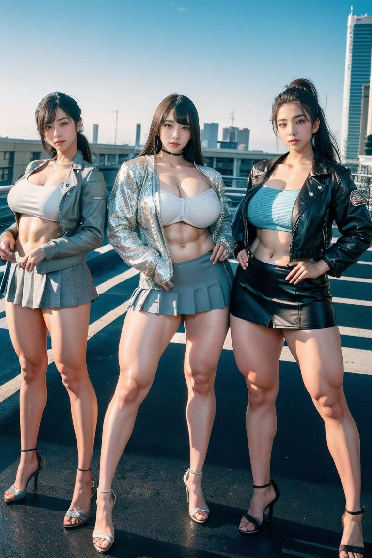 Ultra-high resolution, Realistic, Very detailed, Golden Ratio, Highest quality, Four people are standing full-body shot, (promotional photoshoot), (Are standing), Four people stand on the rooftop in high heels, (Four Beautiful female with Exemplary Figures), Beautiful Face, (Realisticな face), (biondeのショートカット:1.3), Korean bionde, bionde, long straight ponytail hair, hair band, Glare, Frowning, Drooling, Long Tongue, Verbal invitation, compensate, Frowning, Frowning, Surrealism, First Person View, First Person View, Wide-angle, Ultra-high resolution, Anatomically correct, Super detailed, 16K, (Four beautiful female standing side by side) (wide thighs), (Very long legs),(body builder girl), (wide muscles), ((sexy abdominal muscles)), (huge breasts),(very voluptuous body),(short grey skirt),(strapless jacket)