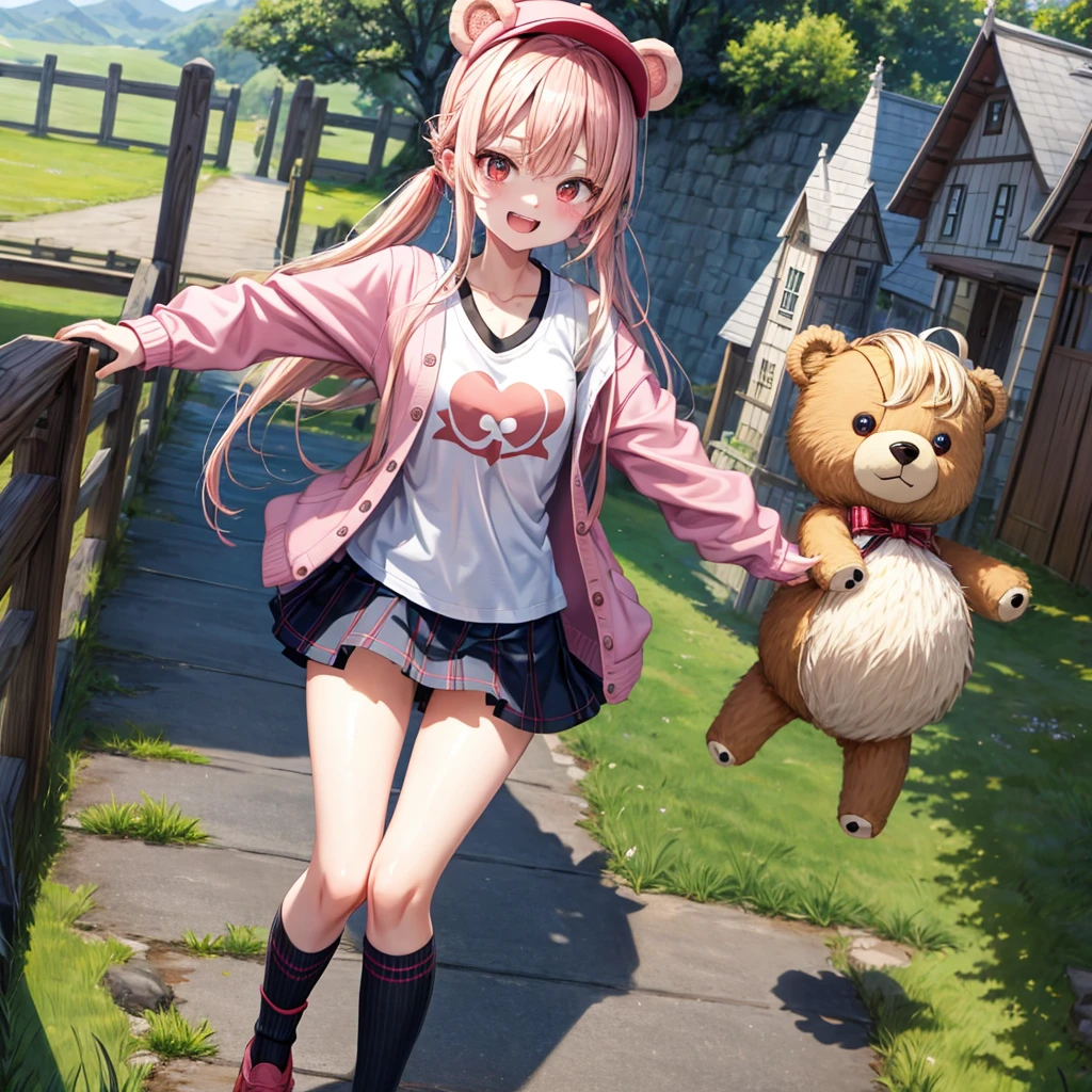 Pink Blonde、Red eyes、Hair tied up、Two cute、Checked mini skirt、black t-shirts、cardigan、Knee-high socks、bear ears baseball cap、Teeth are visible、Monster Castle、Tilting face、crossing the bridge、hazakura、windmill、grass、Stones are growing out of the ground.、impregnable、A teddy bear is walking