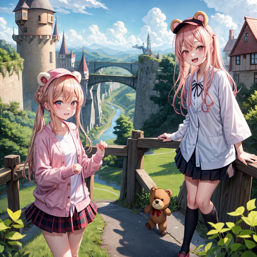 Pink Blonde、Red eyes、Hair tied up、Two cute、Checked mini skirt、black t-shirts、cardigan、Knee-high socks、bear ears baseball cap、Teeth are visible、Monster Castle、Tilting face、crossing the bridge、hazakura、windmill、grass、Stones are growing out of the ground.、impregnable、A teddy bear is walking