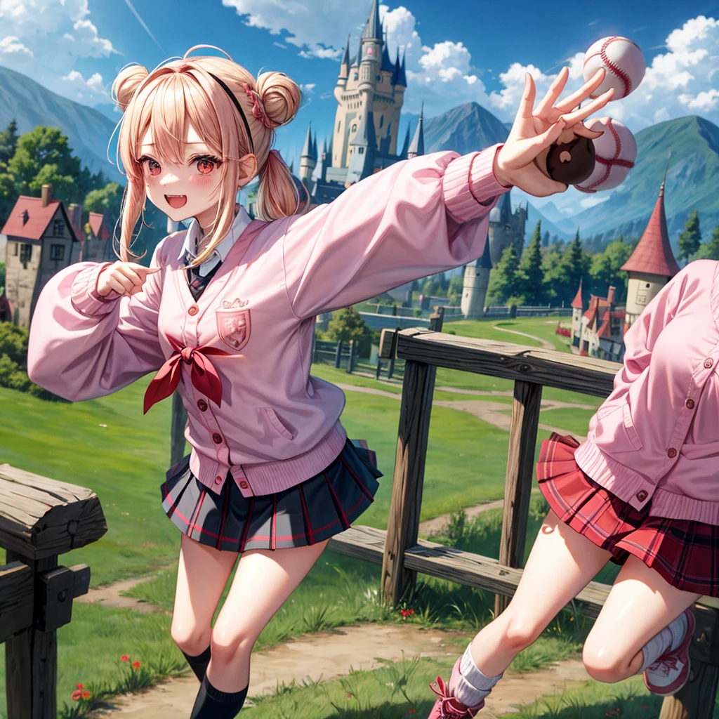 Pink Blonde、Red eyes、Hair tied up、Two cute、Checked mini skirt、black t-shirts、cardigan、Knee-high socks、bear ears baseball cap、Teeth are visible、Monster Castle、Tilting face、crossing the bridge、hazakura、windmill、grass、Stones are growing out of the ground.、impregnable、A teddy bear is walking