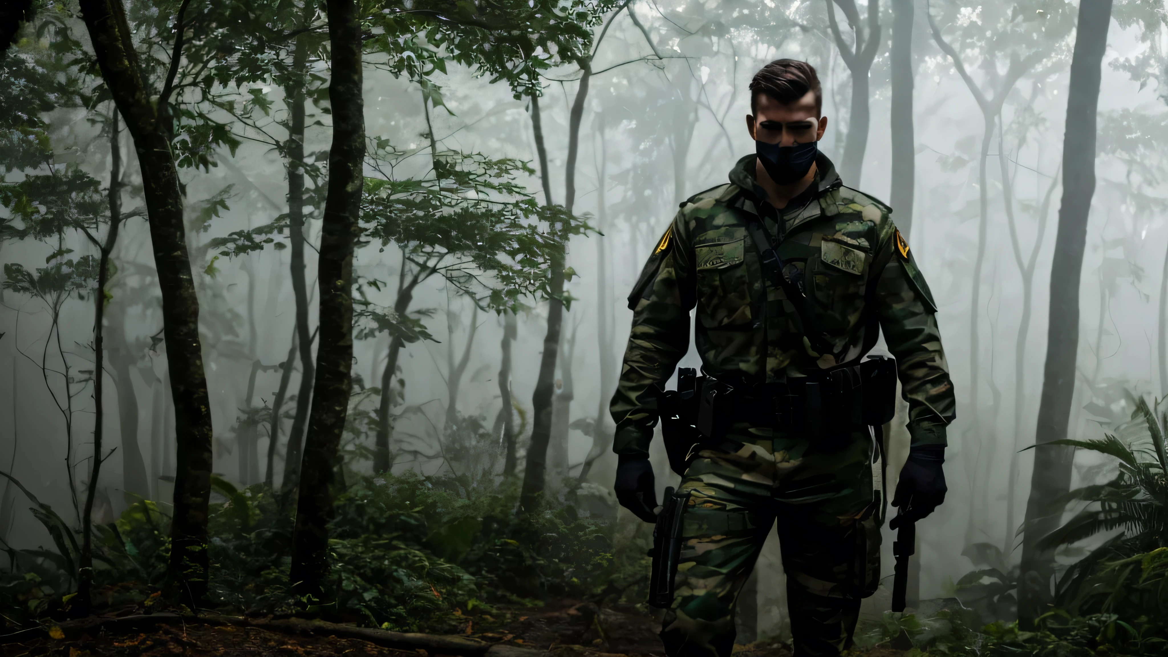 Silent Player, a towering figure at 2 meters tall, moves with calculated precision, his muscular physique a lone silhouette against the mist-shrouded rainforest backdrop. His army commander's uniform is a dark, mottled camouflage, allowing him to blend into the shadows as he executes a solo special operation. With his modern gun at the ready, Silent Player's eyes scan the surroundings, his senses on high alert for any sign of danger. A pistol remains holstered at his side, while the utility knife at his waist belt seems a trusted companion in the heat of battle. The air is heavy with anticipation, the only sound the soft rustle of leaves and the distant call of an unseen bird, as Silent Player operates alone, a one-man team in a high-stakes mission.