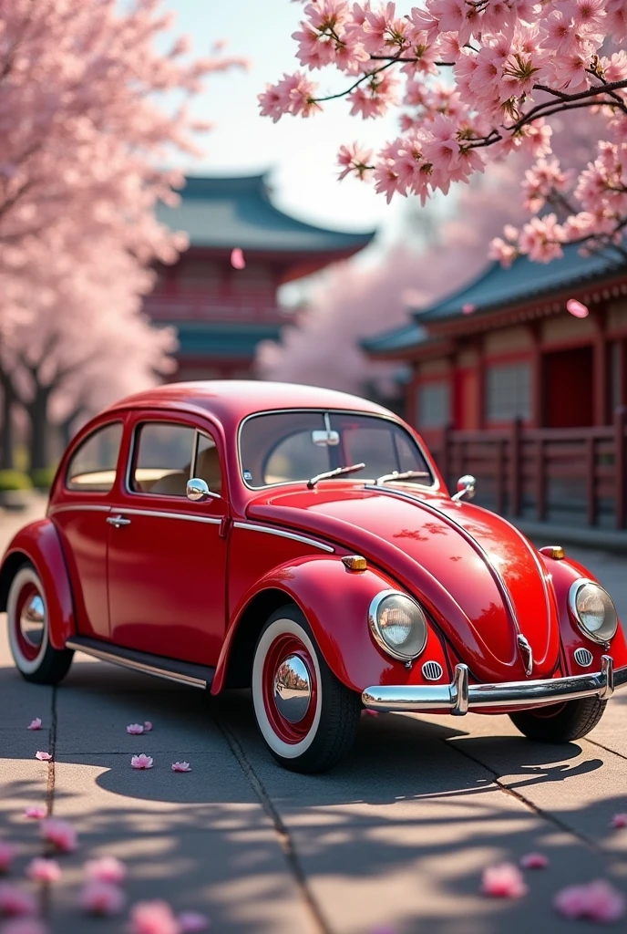 Red Volkswagen Beetle, white faced tires, on a traditional Japanese background