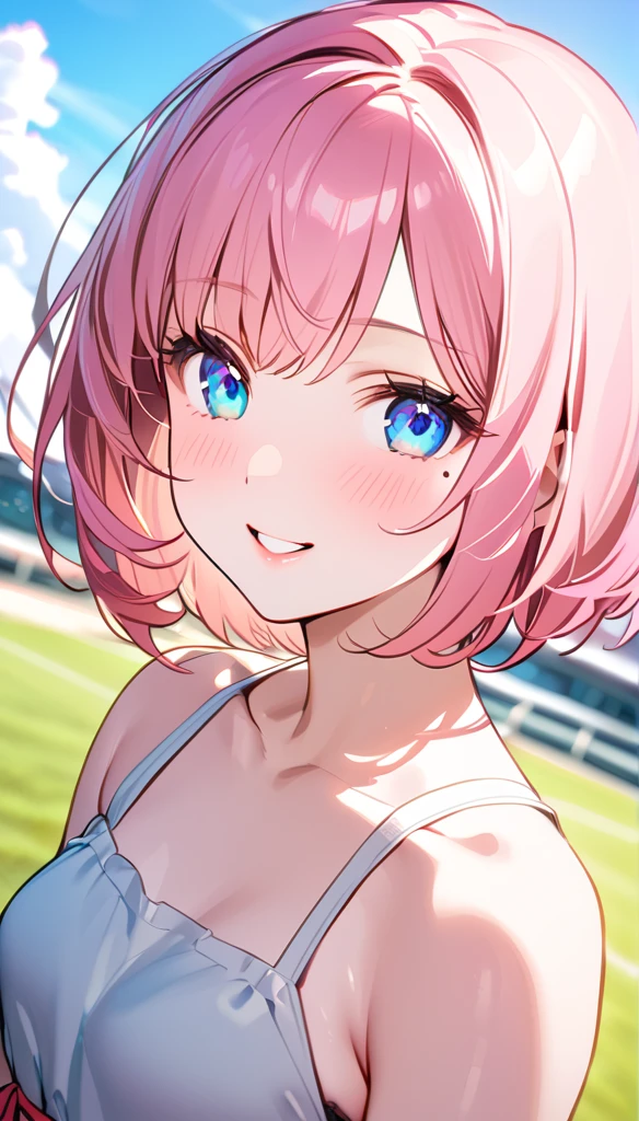 (1 person),(Best image quality, 8k, masterpiece:1.3), (high  student:1.5), ((Pink lob hair:1.1)), (Bobcut),(Swept-apart bangs), (Cute eyes, Black pupil, Iris Sky Blue, like々Funny face), (Mole under right eye), (Standard weight), (Small breasts), (Glowing Skin:1.3),(Pale skin:1.2),(Sweatをかいた肌:1.2),(smile),break YunaX, Heterochromia iridis, Removable sleeves, kimono, sash, heart, Hakama skirt, Purple too,break ((Underarmを見せる)),(Crystal Tree), (flying debris), (Highest quality), Very detailed, ((1 person)), Focus Only，dynamic，((smile))，Perfect Face, 美Funny face, Very detailedな顔，(Pink long hair_Pink Eyes:1.3)，Swimwear，Idle only，Gorgeous hair ornament,smile，Large Breasts，Sandy Beach，Underarm、Sweat、look up，smile,alone, 1 personの, blush, please raise your right arm、Open your chest wide