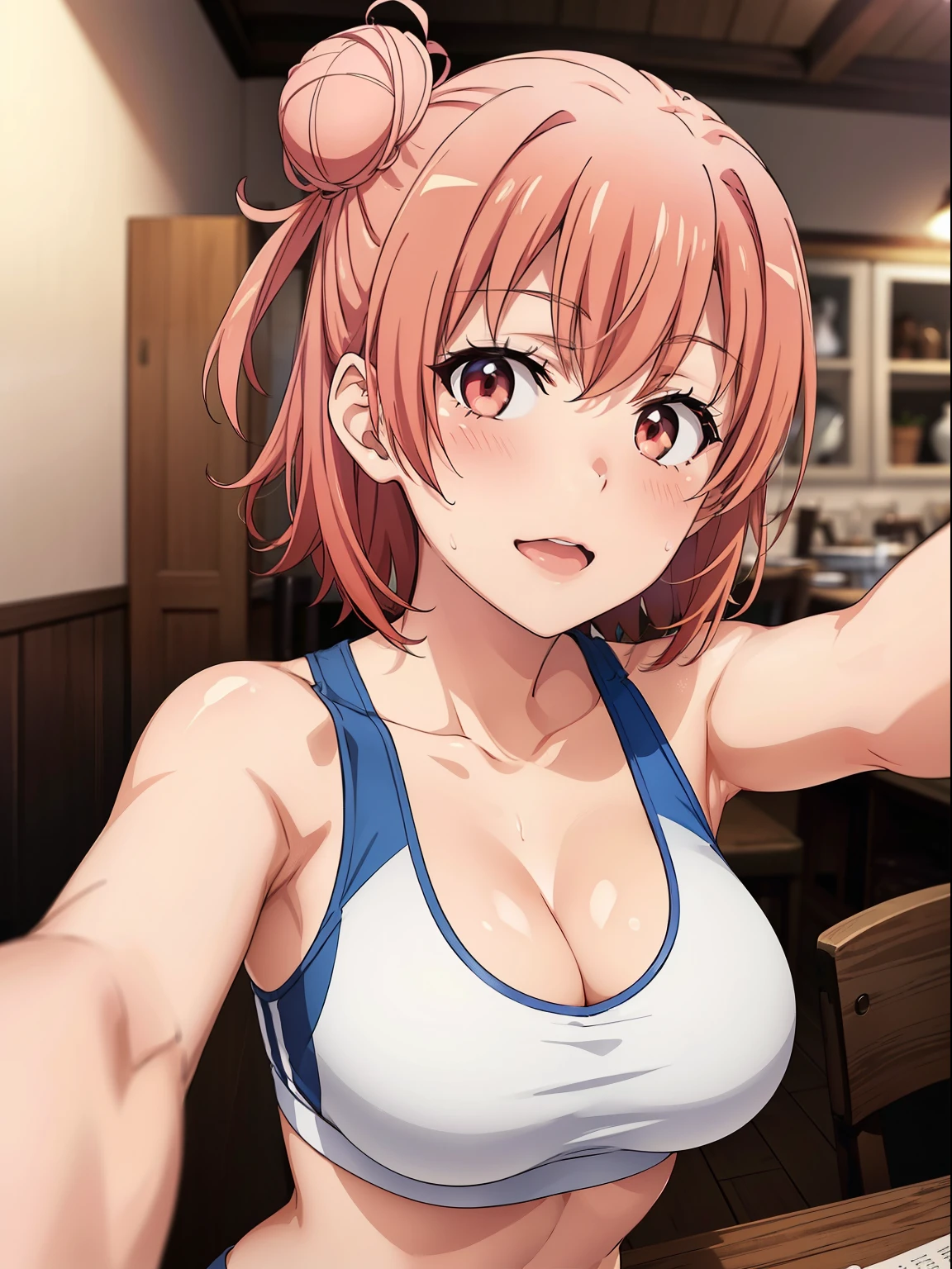 ((Tabletop, Highest quality, High resolution, Hmph, Pixel perfect, Depth of written boundary, 4K, )), One Girl, alone, upon, Beautiful Anime, Beautiful art style, 
close, View your viewers, 
Perfect body,  

yuigahama yui, Hair Bun, short hair, Large Breasts, 

Blush all over face, smile, Open your mouth, 
White sports bra, Cleavage, 
Sweat, 

Take the lead, Upward glance, 
Selfie,