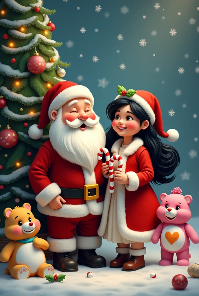 Santa Claus with his plump wife black hair candy canes snowman snowflakes Christmas tree care bears