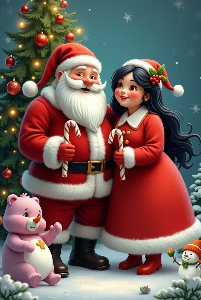 Santa Claus with his plump wife black hair candy canes snowman snowflakes Christmas tree care bears