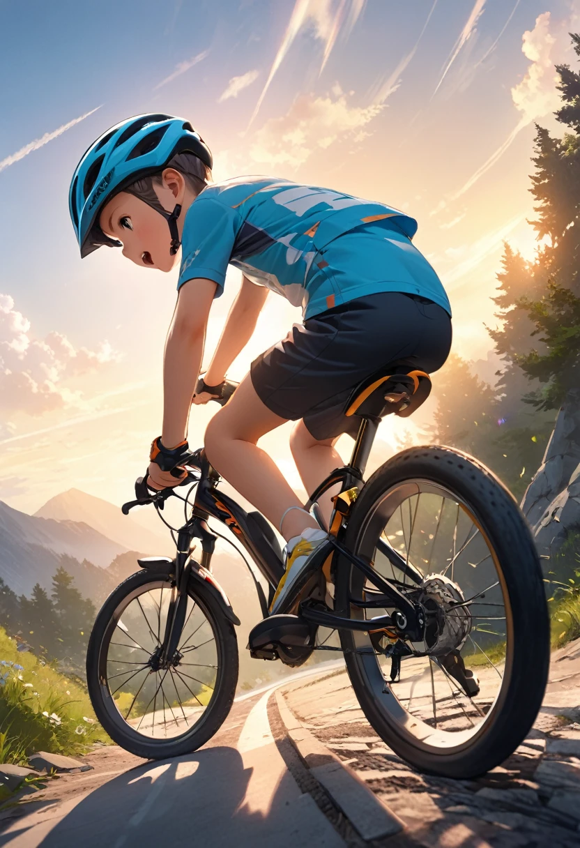 Highest quality, masterpiece:1.37, 4K, perfect anatomy, from below, A very vast summer sky, there is a young boy riding a bike on a path, riding a bike, child, Motivate, riding, Screensavers, Have fun, You won't believe it, small, Features, little child, bicycle, bicycleに乗る, In-depth knowledge, beginner, Fashionable, mountain bike helmet, childs, author, Promotional Images, Pixabay, Feel free to go, Super clever,