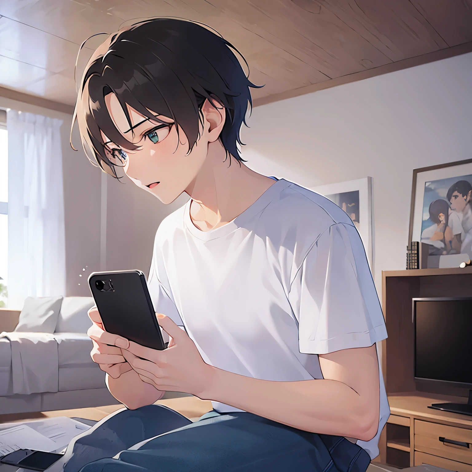 (25-year-old male:1.5) and (Brown short hair) and (Green Eyes), (looking away:1.5),upper body、 (talking on the smartphone:1.5),(handling_smart_phone, smart_phone:1.2)、
shiny skin, masterpiece、Highest quality、
（white T-shirts:1.5) 、
confused、open mouth,The background is the living room、(alone:1.5)