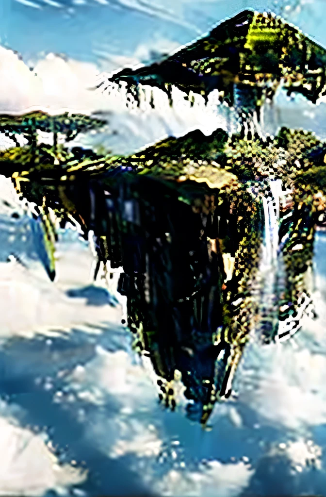 Pencil sketch of a floating island in the sky with a waterfall cascading down the side, worn down ruins on the top, jagged stone edges for the bottom