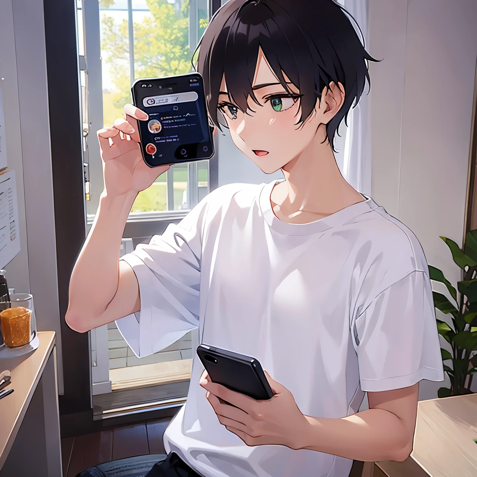 (25-year-old male:1.5) and (Brown short hair) and (Green Eyes), (looking away:1.5),upper body、 (talking on the smartphone:1.5),(handling_smart_phone, smart_phone:1.2)、
shiny skin, masterpiece、Highest quality、
(white T-shirts:1.5) 、
confused、open mouth,The background is the living room、(alone:1.5)