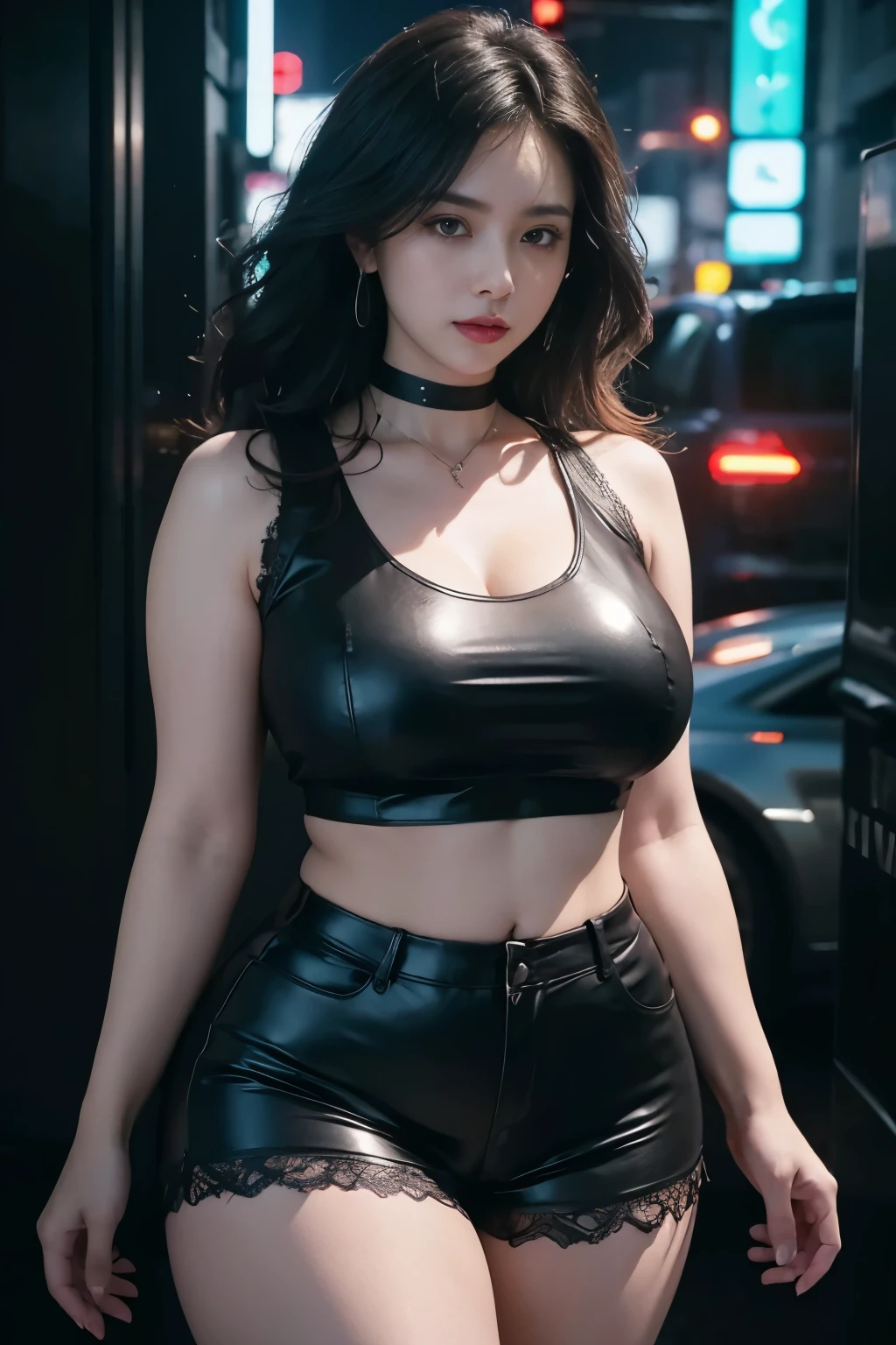 a beautiful woman with plump curvy body, wavy hair, sleeveless crop top, black choker, layered necklace, lace shorts, big thighs, night city street, cyberpunk city, photorealistic, 8k, highly detailed, hyper realistic, dramatic lighting, cinematic, neo-noir style, neon lights, reflective surfaces