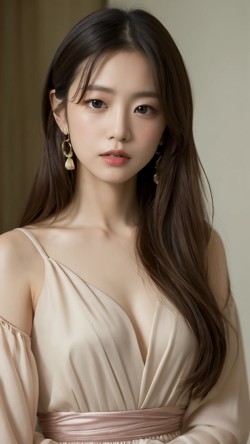 Highest quality、masterpiece 、one person's, alone,very cute, Long Hair, blue eyes, jewelry, Mouth closed:1.5, Jacket, Upper Body, Pink Hair, Earrings, necklace, From the side, sweater, Fuller lips, Wavy Hair, 耳のEarrings, eye shadow, cheek、hoop Earrings, Pink Lips, Variegated eyes, Pink Theme, , ピンクのeye shadow,