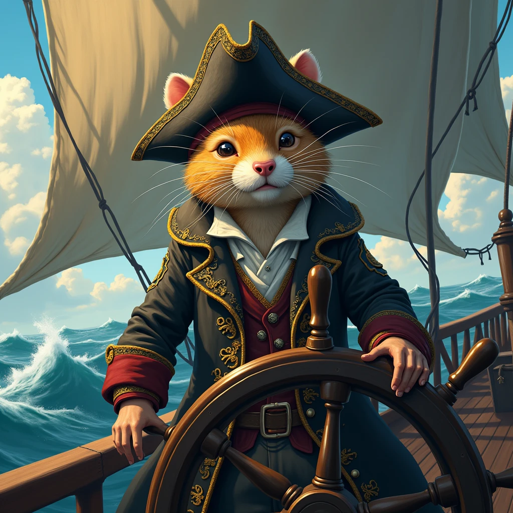 a weasel pirate,pirate ship,pirate Eye-sape,fantasy anime art,highly detailed,cinematic lighting,dramatic colors,intricate details,beautifully textured,award winning concept art,hyper realistic,8k,masterpiece
