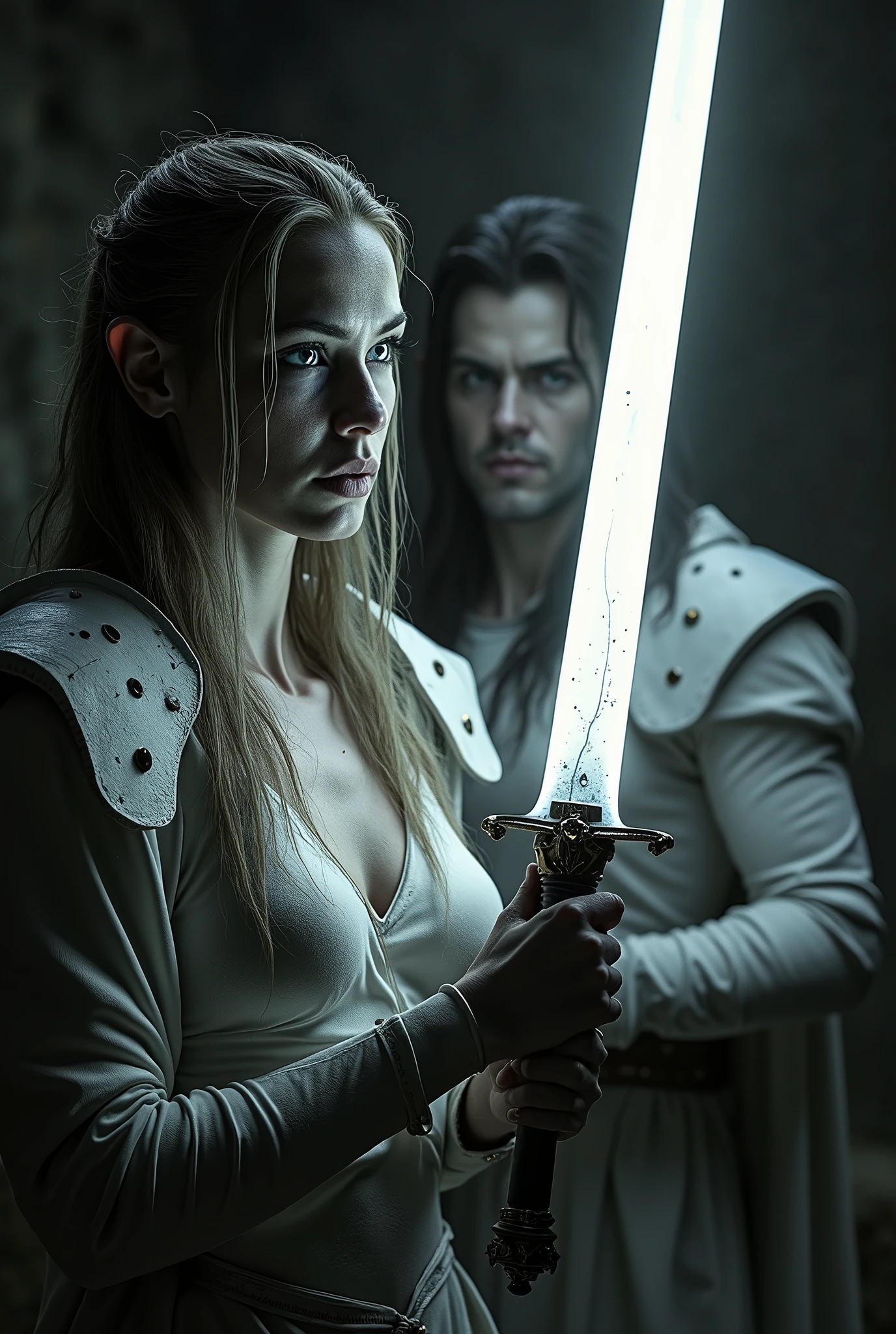 A hyper-realistic, full body, ultra-detailed image of two elves, one male one female, their faces drenched in sweat. They stand in a stark, monochrome world, their white shielded armor glinting ominously. The woman grips a longsword with a bioelectrically charged pommel, casting a faint, flickering light in the overwhelming darkness. Her expression is one of intense focus and frustration, aware that the Lumen power is running low. The black-and-white environment is contrasted with the faint glow of the sword, highlighting the decay and tension in the scene. Captured with a cinematic lens, the lighting is dim, with the focus on the glow of the sword and the elves’ determined expressions.