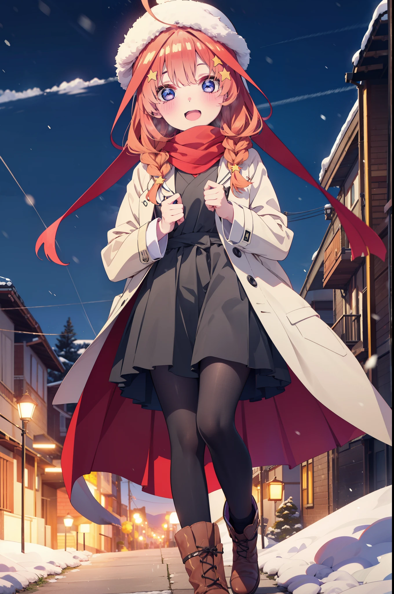 itsukinakano, Itsuki Nakano, bangs, blue eyes, Hair between the eyes, Ahoge, Redhead, star \(symbol\), hair ornaments, star hair ornaments,smile,Open your mouth,White Breath,blush,Long, thick braids,Knitted hat,White scarf,Red long coat,V-neck sweater,Black long skirt,Red pantyhose,short boots,snowが降っている,snowが積もっている,snow,snow,snow,snow,Walking,whole bodyがイラストに入るように,night,
break outdoors,Residential Street,
break looking at viewer, whole body,
break (masterpiece:1.2), Highest quality, High resolution, unity 8k wallpaper, (figure:0.8), (Beautiful attention to detail:1.6), Highly detailed face, Perfect lighting, Highly detailed CG, (Perfect hands, Perfect Anatomy),