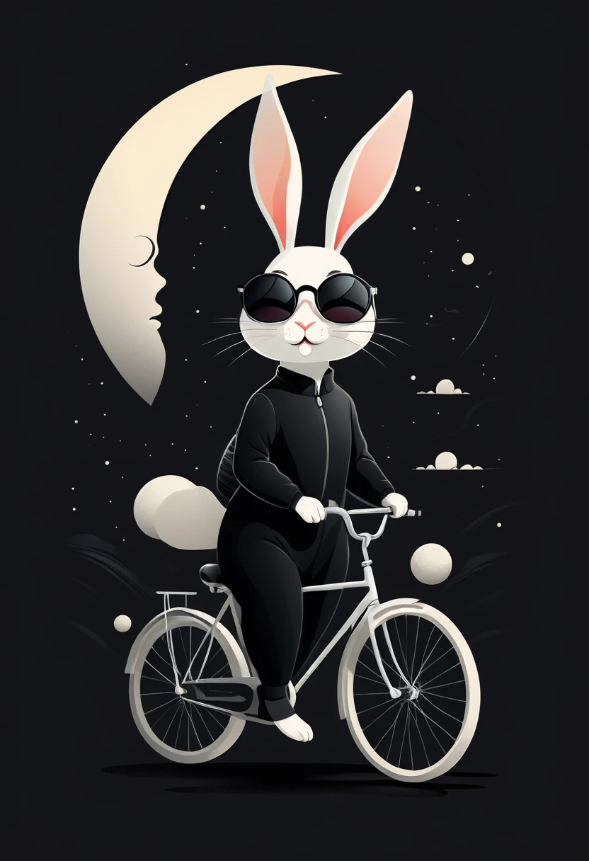    Perfectly dissected white Q-version cute rabbit，Wearing semi-transparent sunglasses, Wearing black jumpsuit riding a bicycle (close up) Background large full moon flat style vector art,

                 Flat vector art uses simplicity in vector art、Pure expression， Highlight simplicity and clarity of form，Bring simplicity and modernity to your work.

                             Vibrant depiction. Perfect art design. Accurate、perfect anatomy.