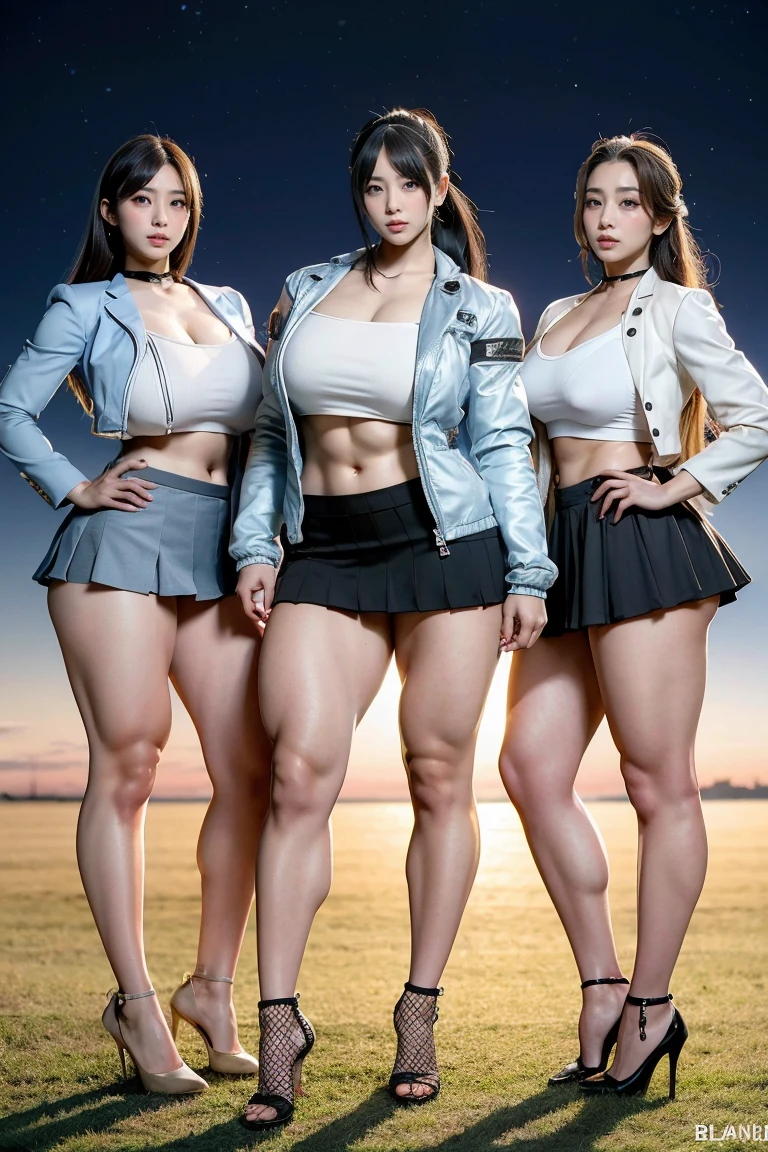 Ultra-high resolution, Realistic, Very detailed, Golden Ratio, Highest quality, Four people are standing full-body shot, (promotional photoshoot), (Are standing), Four people stand on the rooftop in high heels, (Four Beautiful female with Exemplary Figures), Beautiful Face, (Realisticな face), (biondeのショートカット:1.3), Korean bionde, bionde, long straight ponytail hair, hair band, Glare, Frowning, Drooling, Long Tongue, Verbal invitation, compensate, Frowning, Frowning, Surrealism, First Person View, First Person View, Wide-angle, Ultra-high resolution, Anatomically correct, Super detailed, 16K, (Four beautiful female standing side by side) (wide thighs), (Very long legs),(body builder girl), (wide muscles), ((sexy abdominal muscles)), (huge breasts),(very voluptuous body),(short grey skirt),(strapless jacket)