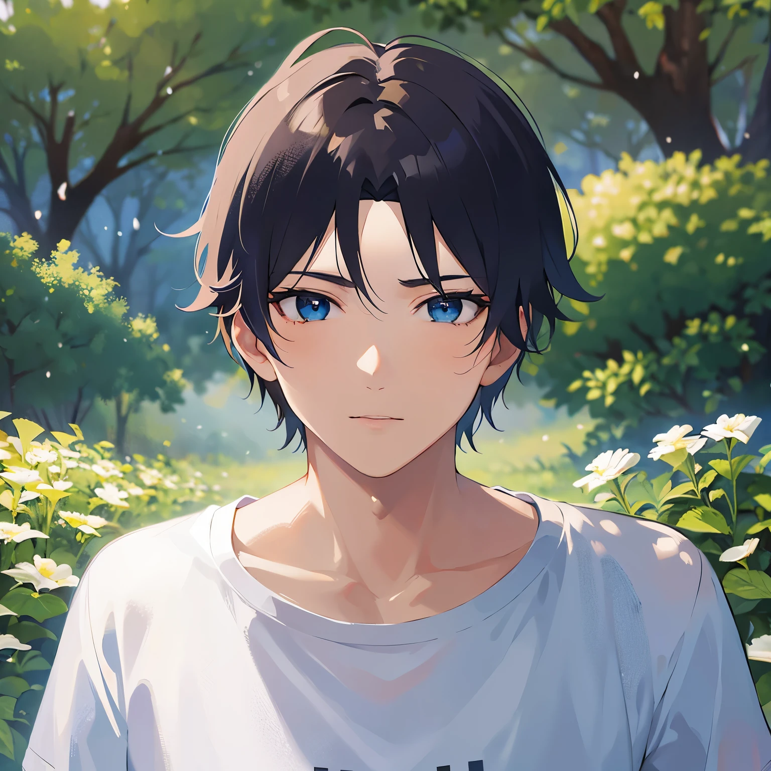 upper body、shiny skin, masterpiece、Highest quality、(25-year-old male:1.5) and (Black short hair) and (blue eyes), BREAK (white) and (T-Shirts) BREAK 立っている、surprised, The background is a park、alone