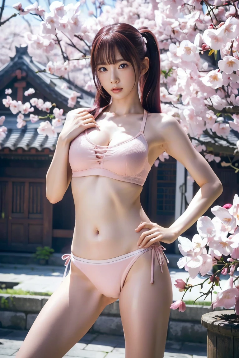 (I see a sports bra)、(((Sexy pink lingerie)))、Bangs and twin tails、belly button and lower chest are visible、Pink hair、shiny skin、((Shy face))、((Blushed))、(teary eyes)、cry、(((A temple filled with cherry blossoms)))、((beautiful picture))，(masterpiece details RAW photos:1.25), (best quality:1.6), (Ultra-high resolution:1.5), (actual:1.75), 8K resolution, Canon EOS R5, 50 mm, absurd, Super detailed,movie lighting、((Sexy tong))