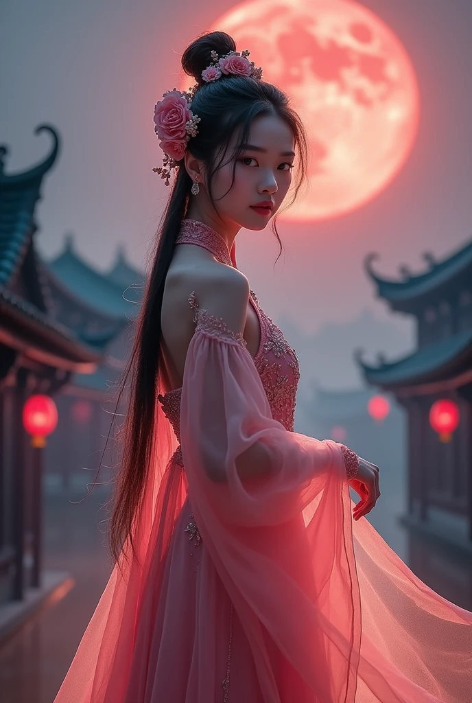 Nie Xiaoqian,Huang Xu Xian, background_picture,Wearing ancient Chinese attire (translucent, A shimmering pink robe:1.4), Hair Bun,Solitary,1 female,Long hair,Angel,Practical,Chinese clothes,Hanfu,Hair Bun,Lips,parted Lips,Look at the audience.,Upper Body(以中国古城为background:1.2),(Standing under the glow of a full blood moon:1.3),, เห็นตัวเธอด้านหน้าทั้งตัวbest quality , masterpiece, illustration, Very delicate and beautiful, มีรายVery detailed ,CG,Unite,8k wallpaper, Miracle, Fine details, masterpiece, best quality,Official Art,มีรายVery detailed CG Unite 8k wallpaper,nonsense, incredibly nonsense, Large file size , Very detailed, high, มีรายVery detailed,Beautiful girls with details, มีรายVery detailed eyes and face, Beautifully detailed eyes,There is light on the face,