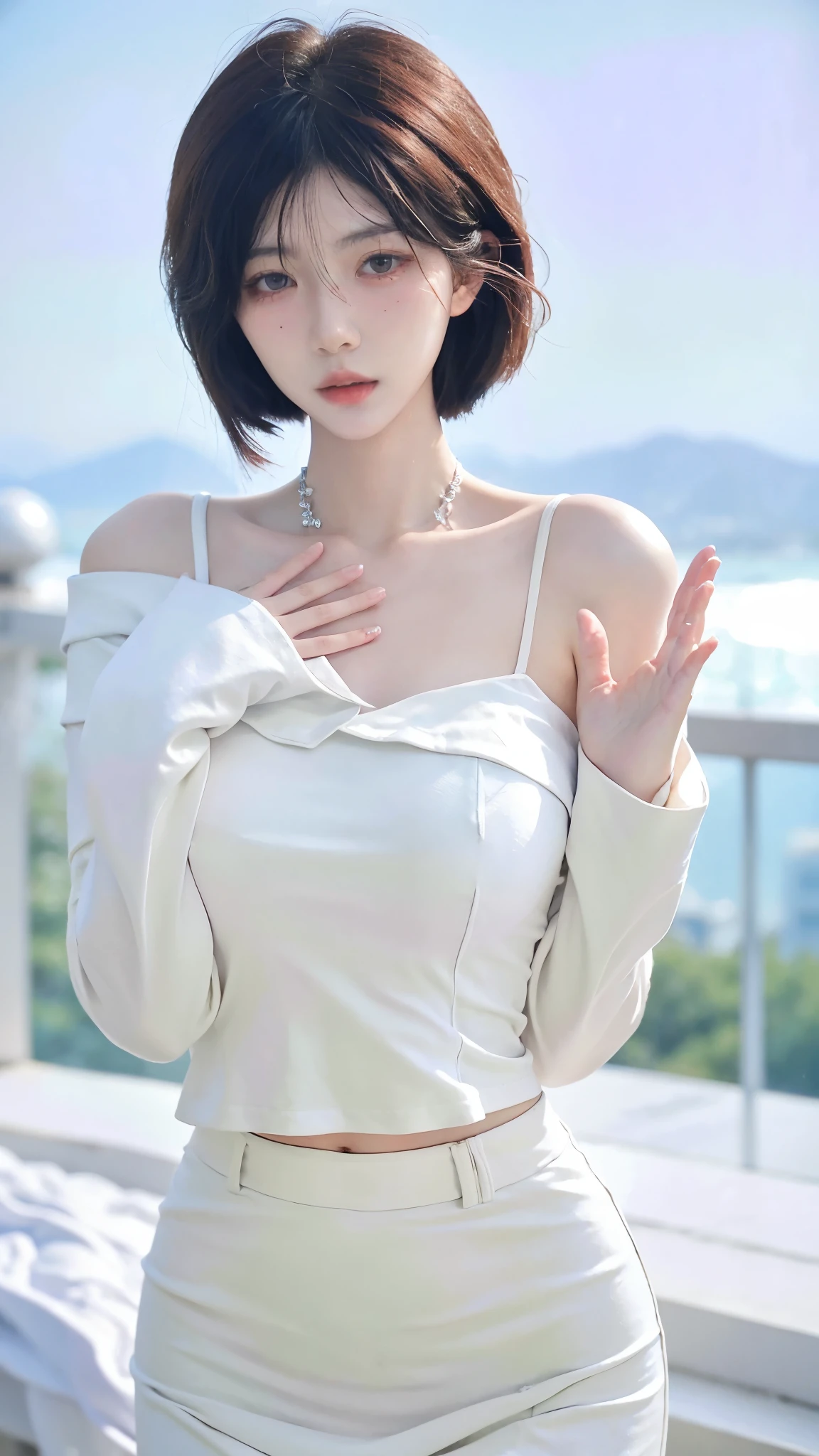 Beautiful woman with perfect figure:1.4、snow、Big breasts big breasts，Touching butt with both hands、snow背景、Layered Hairstyle、Fair skin、Cleavage highlights、Pleated Skirt、whole body、The face and skin texture are very fine.、black，Double eyelids、Skin Whitening、White hair