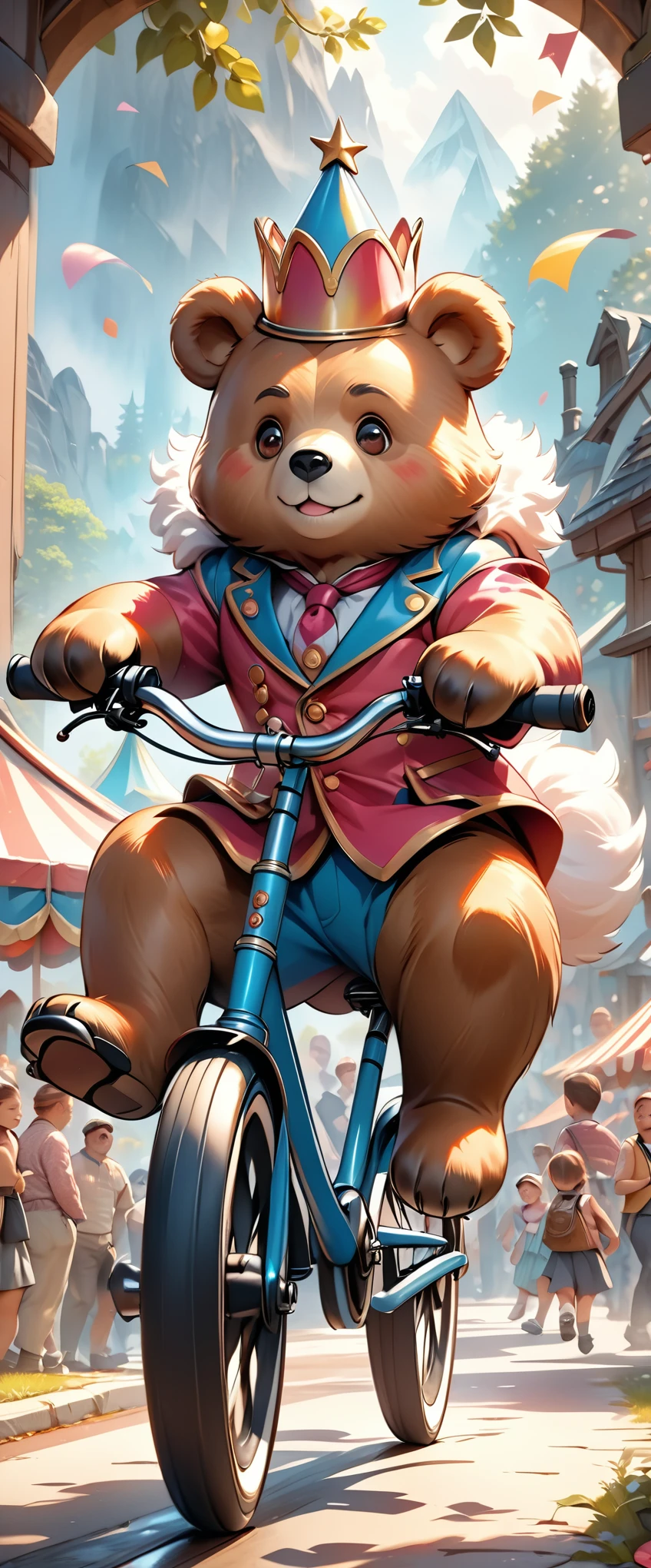 a circus bear riding a bicycle, stylized illustration, highly detailed, intricate details, adorable, cute, whimsical, vibrant colors, dynamic pose, anthropomorphic, cartoon-like, soft textures, fluffy fur, playful expression, fantastical, magical realism, (best quality,4k,8k,highres,masterpiece:1.2),ultra-detailed,(realistic,photorealistic,photo-realistic:1.37)