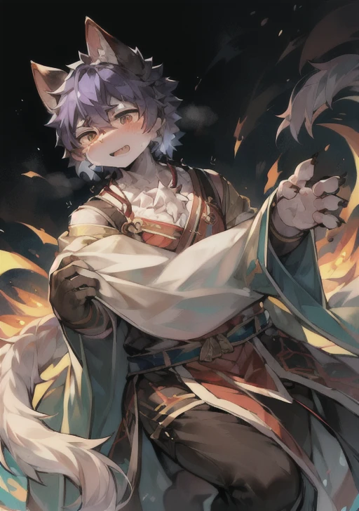 solo person,Wolf head,Wolf tail,male people,musculature,sexy
Light blue ears,Pale blue hair,Sky blue pupils,There is fur on the arms,On the left wrist is a bracelet woven with five-colored rope,There is fur on the legs,The whole body is covered with fur,Wearing a magician's cloak,Kneel on one knee on the grass,Behind it is a starry sky,wounded(heavy),Cover your left shoulder with your right hand,Sweat slightly on the forehead,gasps