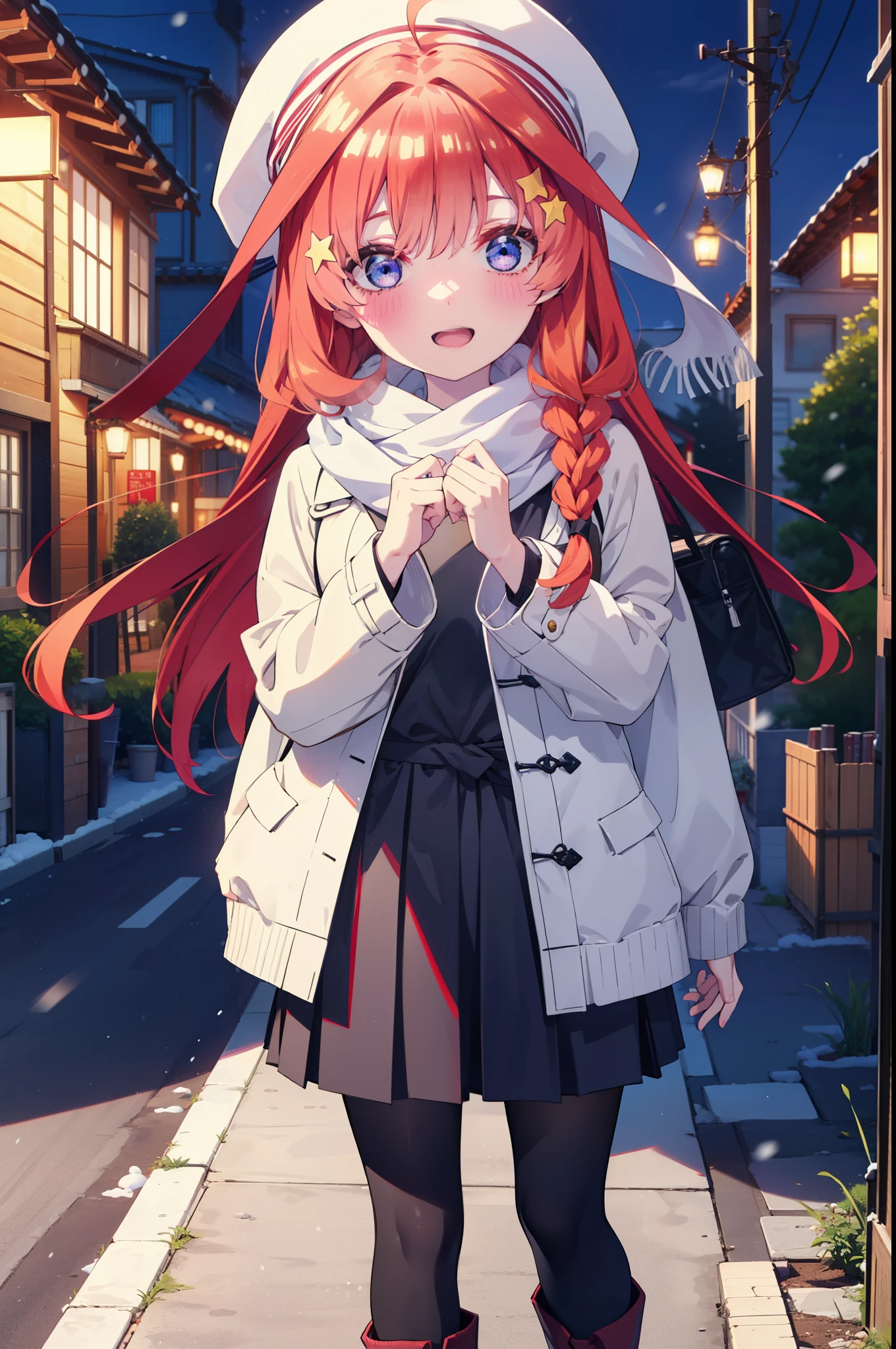 itsukinakano, Itsuki Nakano, bangs, blue eyes, Hair between the eyes, Ahoge, Redhead, star \(symbol\), hair ornaments, star hair ornaments,smile,Open your mouth,White Breath,blush,Long, thick braids,Knitted hat,White scarf,Red long coat,V-neck sweater,Black long skirt,Red pantyhose,short boots,snowが降っている,snowが積もっている,snow,snow,snow,snow,Walking,whole bodyがイラストに入るように,night,
break outdoors,Residential Street,
break looking at viewer, whole body,
break (masterpiece:1.2), Highest quality, High resolution, unity 8k wallpaper, (figure:0.8), (Beautiful attention to detail:1.6), Highly detailed face, Perfect lighting, Highly detailed CG, (Perfect hands, Perfect Anatomy),