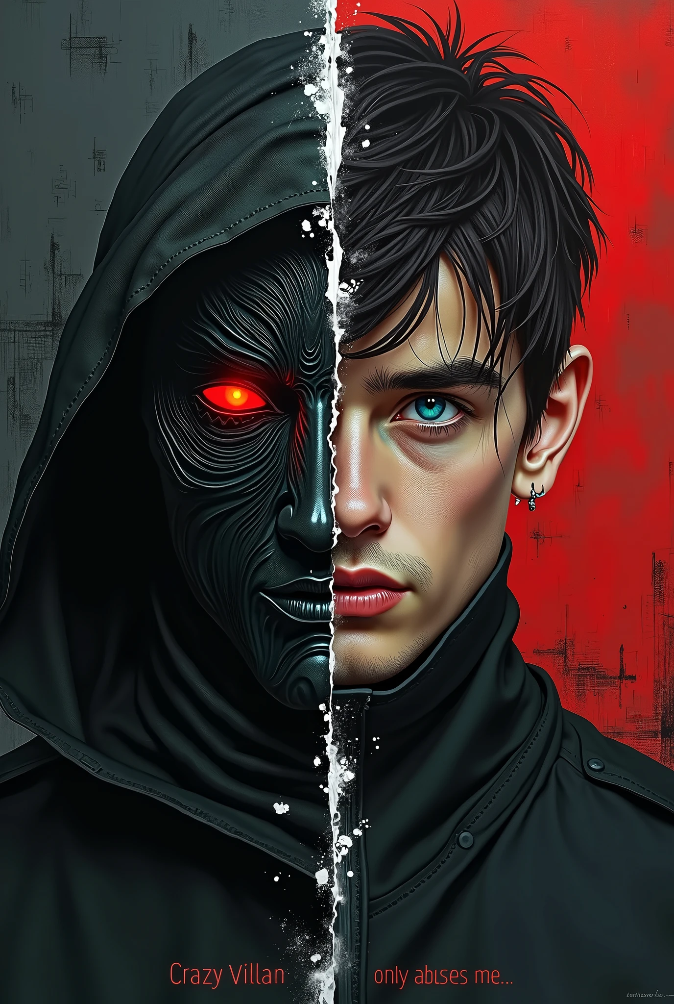 masterpiece, best quality, Practical, High Detail, photoPractical, One with a black mask and crazy red eyes on the left,On the right is the face of a young man with steadfast blue eyes,Below the image are the words 'Crazy villain only abuses me',There is a white line separating the mask and the face ,Black and red mixed background