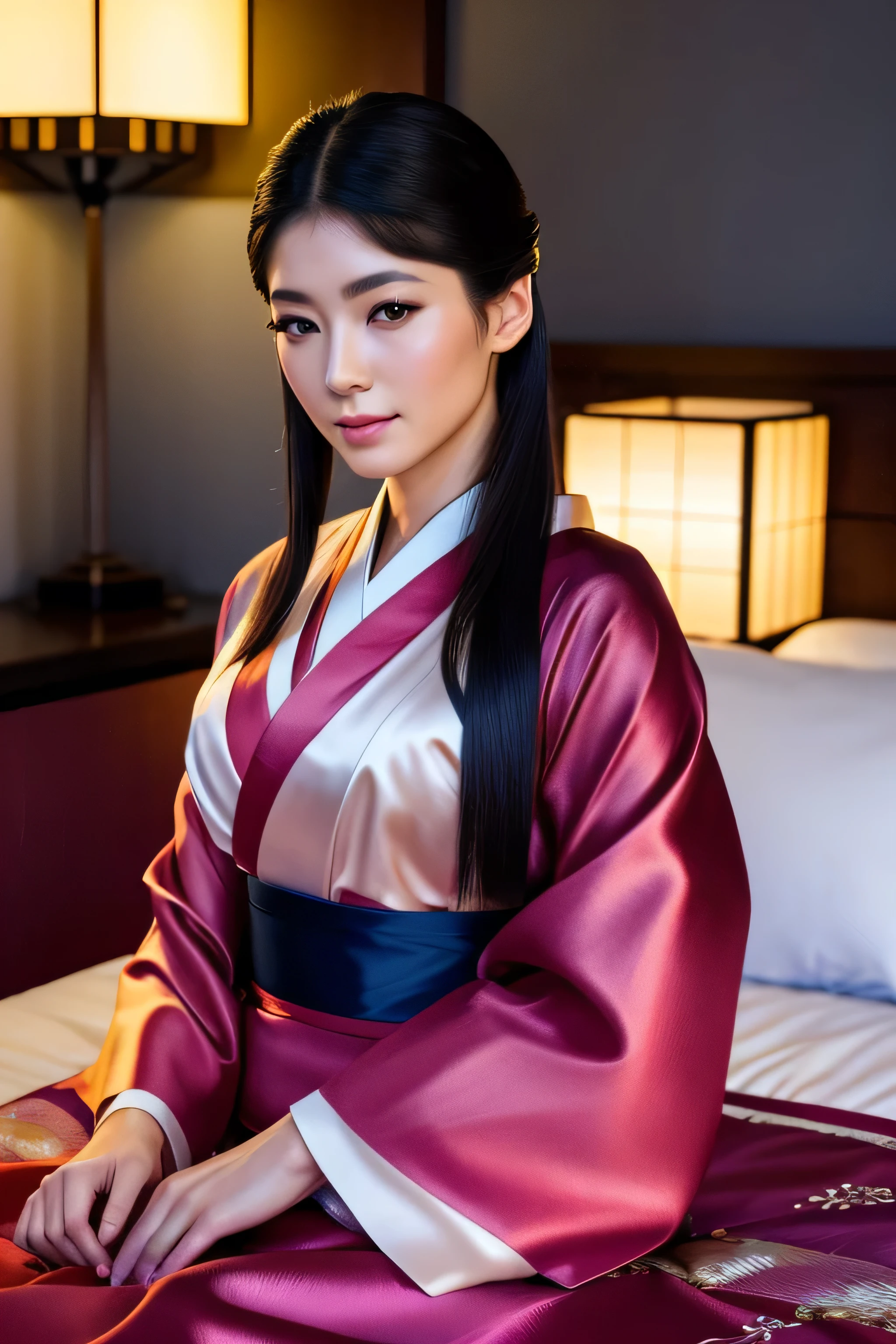 The beauty of Japanese kimono: A realistic woman posing sensually on a bed, Detailed skin texture, Beautiful Faces, Long eyelashes, Glossy Lips, Delicate fingers, Elegant body shape, Luxurious silk bedding, Soft lighting, Structure of the film, Vibrant colors, Realistic, 8k, high quality
