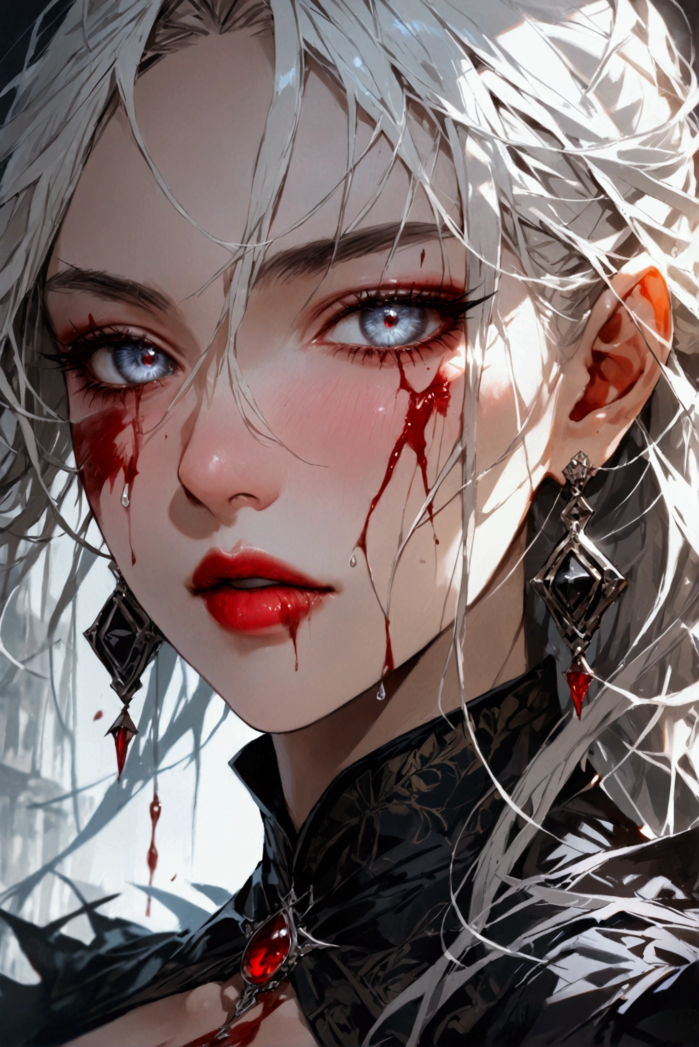 a portrait of vampire with a bloody tear coming down from he eye, an exotic beautiful female vampire, blond hair color, dynamic hair style, ultra detailed face, best detailed face, silver eye color, ((1single red teardrop: 1.3)), ((tear drop made from blood)), ((teardrop coming down from the eye: 1.3)), small cleavage, wearing two black diamond earrings, Ultra-high resolution, High Contrast, (masterpiece:1.5), highest quality, Best aesthetics), 16K fantasy art, best details, best quality, highres, (ultra wide angle: 1.2), 16k, [ultra detailed], masterpiece, best quality, (extremely detailed), rpg portrait
photograph