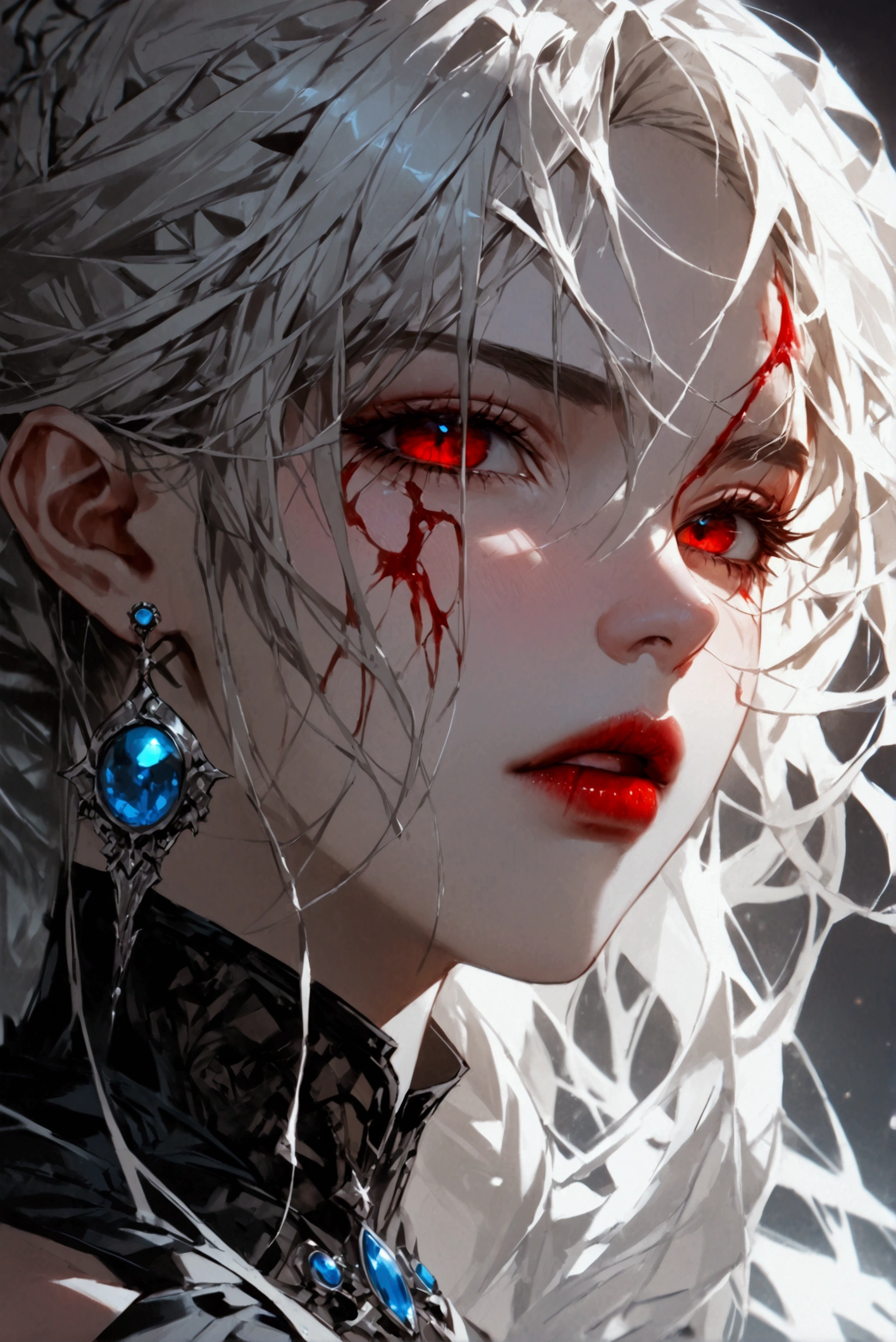 a portrait of vampire with a bloody tear coming down from he eye, an exotic beautiful female vampire, blond hair color, dynamic hair style, ultra detailed face, best detailed face, silver eye color, ((1single red teardrop: 1.3)), ((tear drop made from blood)), ((teardrop coming down from the eye: 1.3)), small cleavage, wearing two black diamond earrings, Ultra-high resolution, High Contrast, (masterpiece:1.5), highest quality, Best aesthetics), 16K fantasy art, best details, best quality, highres, (ultra wide angle: 1.2), 16k, [ultra detailed], masterpiece, best quality, (extremely detailed), rpg portrait
photograph