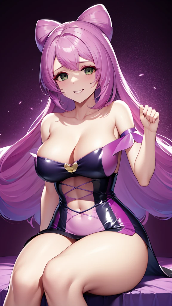 erotic、Pokemon Mimosa、Purple hair、tall、 mature, Married women, Pink shiny latex tube top、Off the shoulder、邪evilな女戦闘員, Pink and black background, Pitch-dark bedroom, Dark Theme, evil, lure, excited, A condescending grin, Lightly open your mouth、Sexy pose, Sitting on the throne