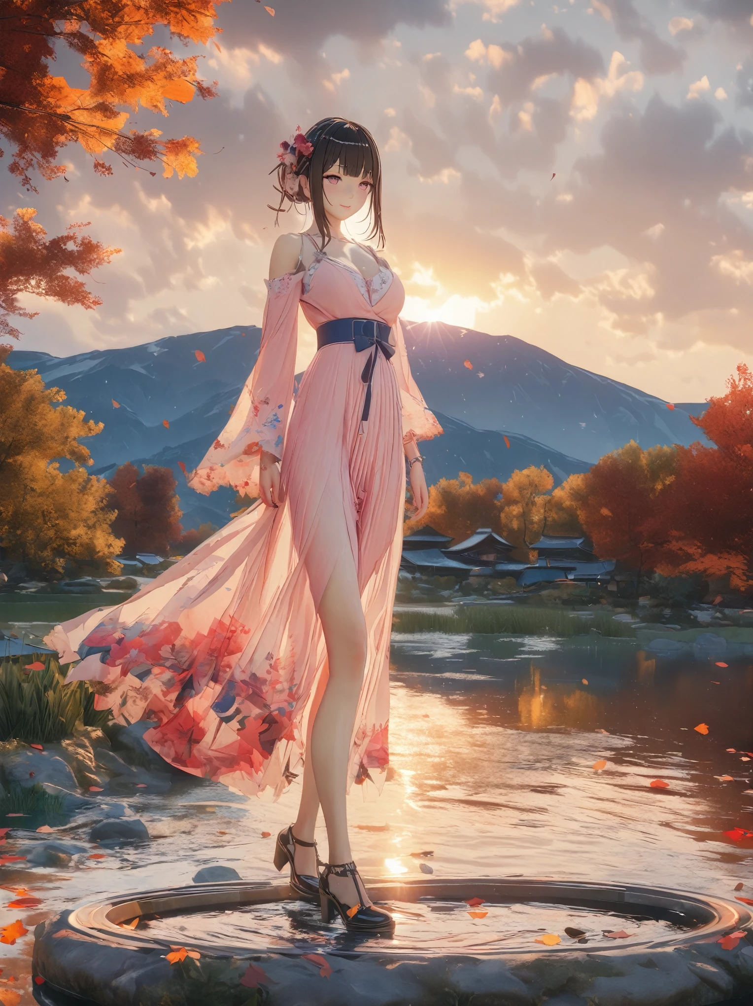 DIY16,best quality, Ultra HD, masterpieces, 8K, Practical, Anime style, 3D Rendering,(Pond in the evening:1.2), (8K, best quality, masterpiece:1.2), (Ultra-high resolution:1.0), Extremely bright design, Soft colors, (ink:1.3), Autumn Lights, High Detail, dramatic, photoPractical painting art