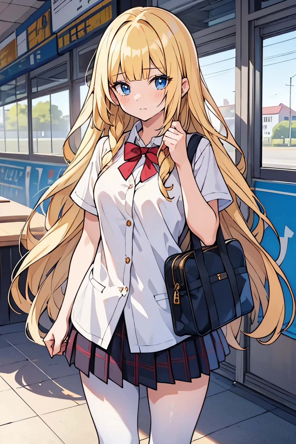 Young adult girl, best quality, 1 girl, female figure, yellow hair, blunt bangs, extra long hair, crystal blue eyes, golden blonde hair, voluminous hair, disheveled wavy hair, cute girl, (medium small breasts), (young female body: 1.4) embarrassed girl, humiliated expression , insecure, school unifrom, train station, holding school bag, white pantyhose, going on a field trip