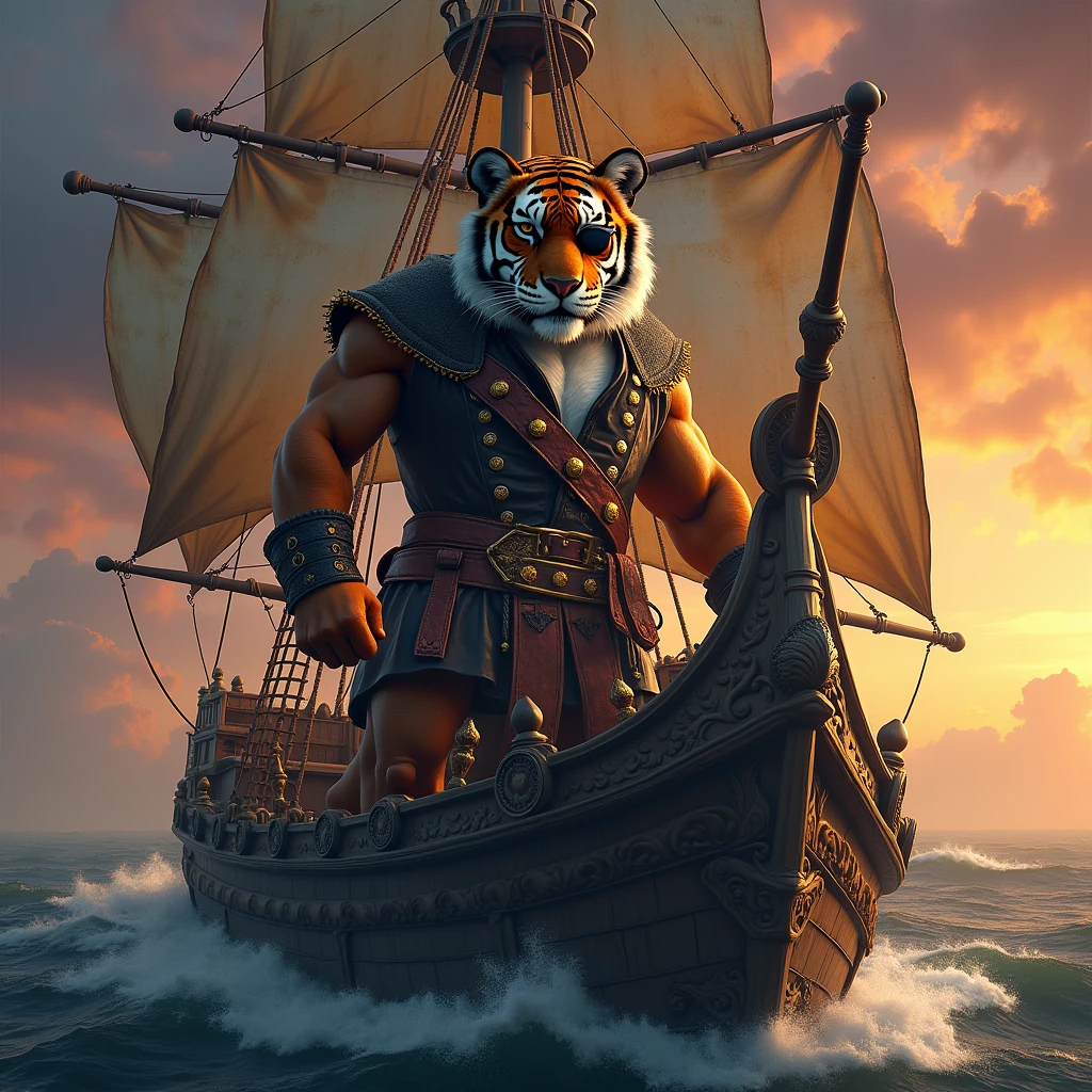 a big tiger pirate,pirate ship,pirate Eye-sape,fantasy anime art,highly detailed,cinematic lighting,dramatic colors,intricate details,beautifully textured,award winning concept art,hyper realistic,8k,masterpiece