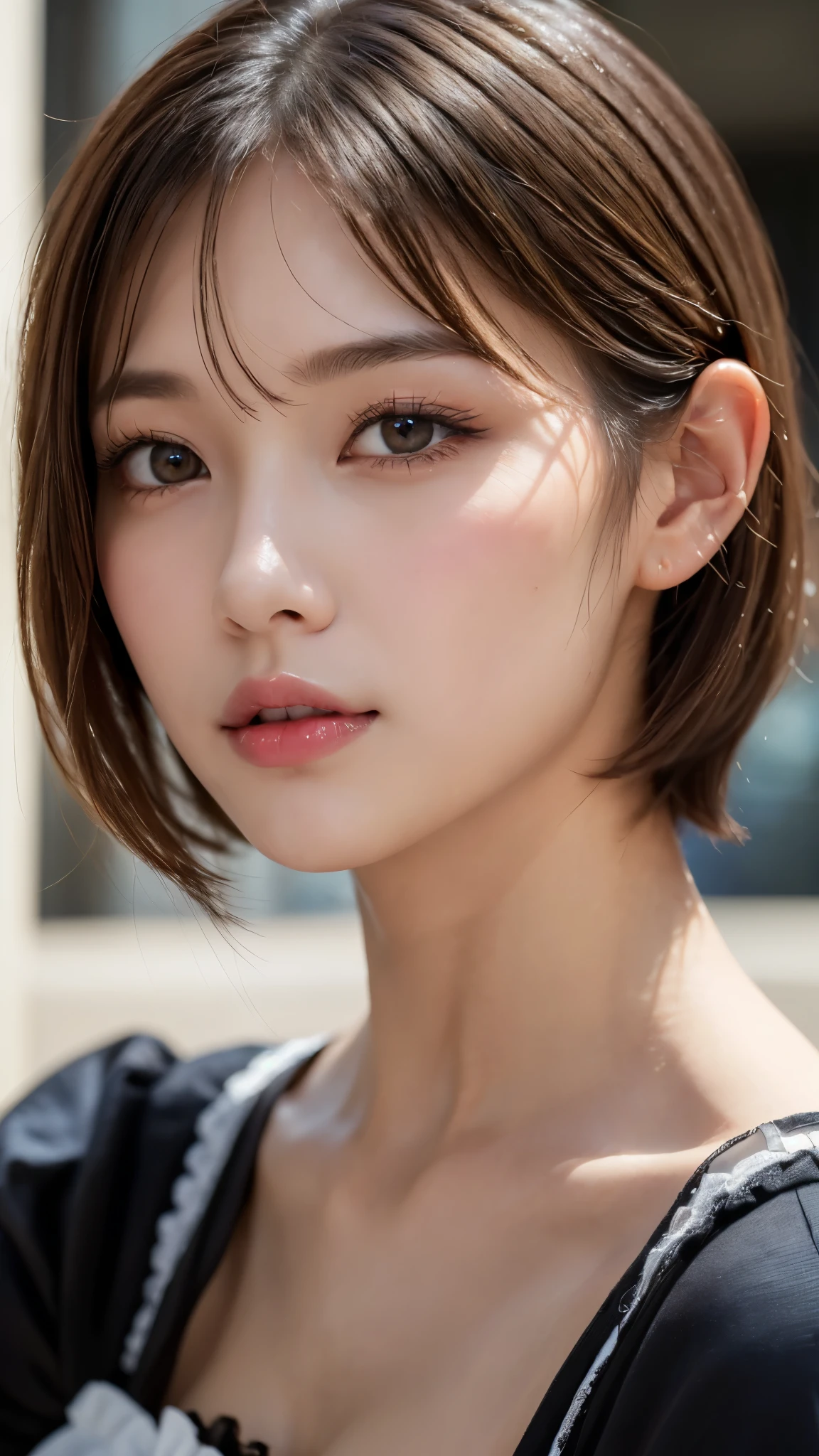 (photorealistic, 32k, RAW photo, best quality: 1.5), (masterpiece:1.3), (absurdres, attractive, ultra high resolution, ultra realistic, highly detailed, golden ratio, ultra detailed, super fucking beautiful detailed face), natural makeup, detailed cloth texture, detailed hair texture, beautiful detailed fullbody, Perfect female body, accurate, Anatomically correct, Highly detailed face and skin texture, (beautiful hands), (realistic skin), (beautiful pale skin:1.1),  (Perfect dynamic composition, looking at viewer), (cowboy shot:1.3),  
BREAK, 
realistic eyes, beautiful detailed eyes, symmetric eyes, Light Brown eyes, Double eyelids, Thin eyebrows, (Glossy lips:1.4), ((A face with waiting for a kiss:1.2)), (blush:1.1), 
BREAK, 
((short hair, bob, Dark blonde hair, bangs:1.2)), (French Maid Uniform:1.4)