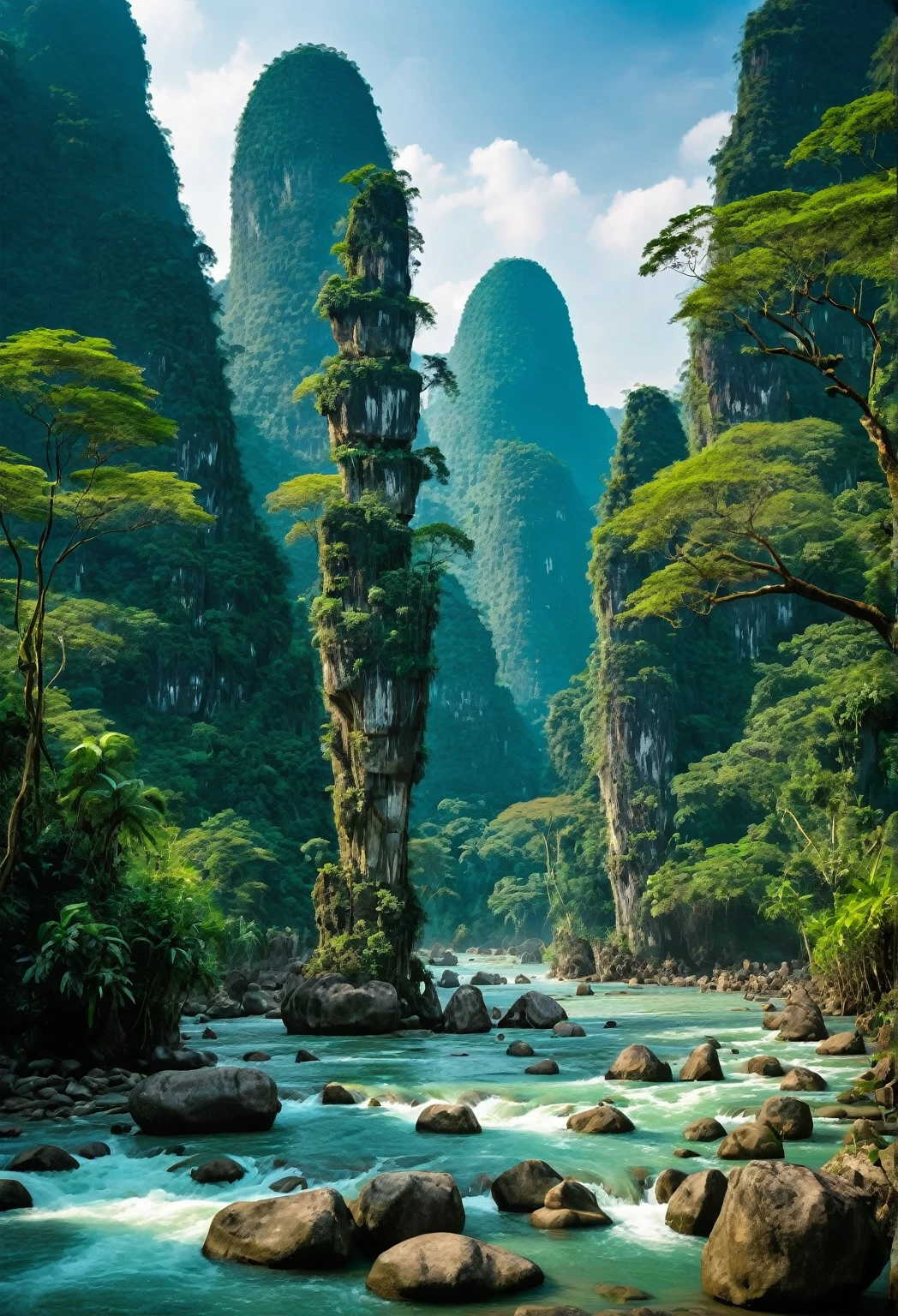 araffe standing on a rock in a river surrounded by trees, karst pillars forest, mountains river trees, majestic nature scenery, jungles of vietnam beautiful, stunning nature in background, chinese landscape, forest and river, very beautiful scenery, beautiful jungle landscape, amazing landscape, trees and cliffs, . background: jungle river, mountainous jungle setting, beautiful jungle